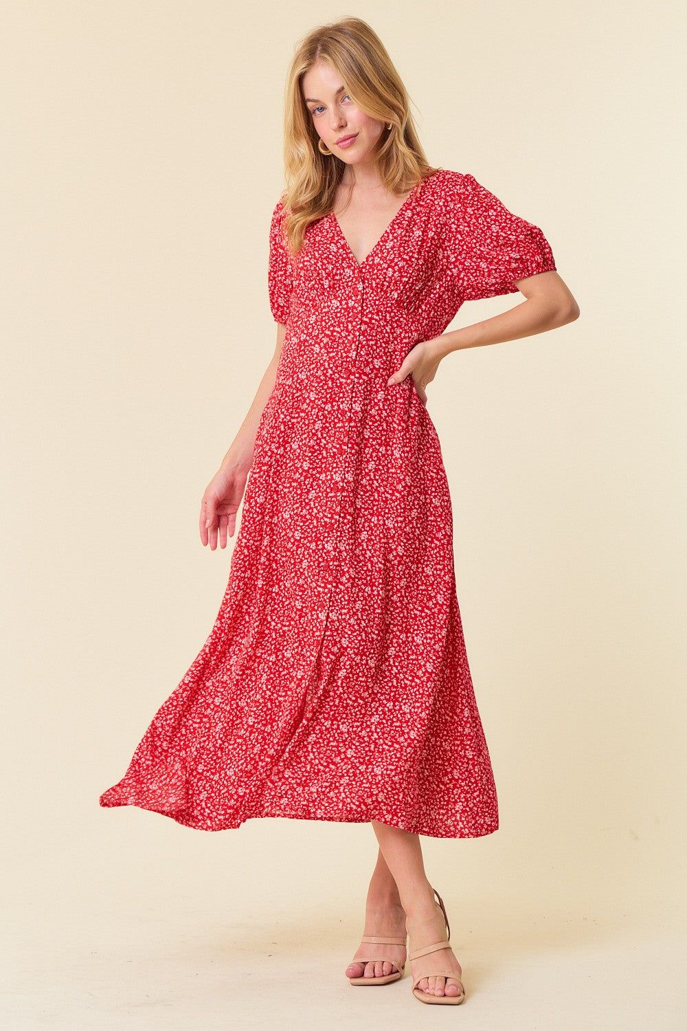 Red Ditsy Floral Print V-Neck Puff Short Sleeve Dress sold by Pinkblush