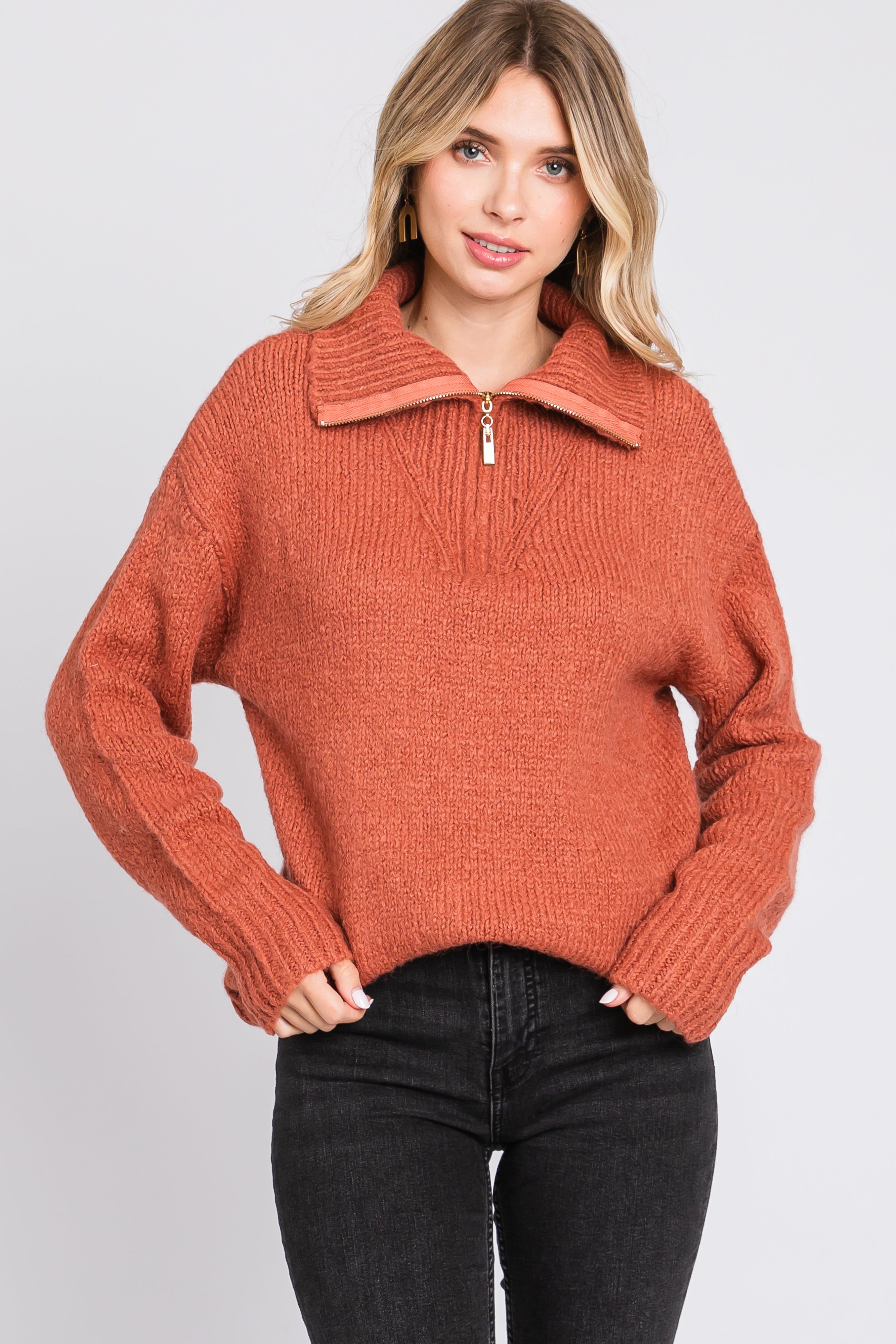 Rust Knit Zipper Pullover Sweater sold by Pinkblush product image thumbnail 4