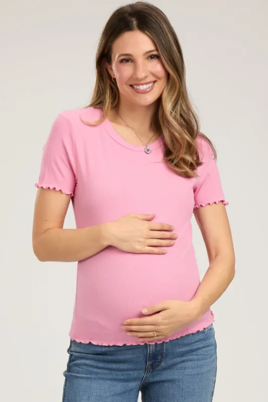 Pink Ribbed Fitted Lettuce Trim Maternity Top sold by Pinkblush