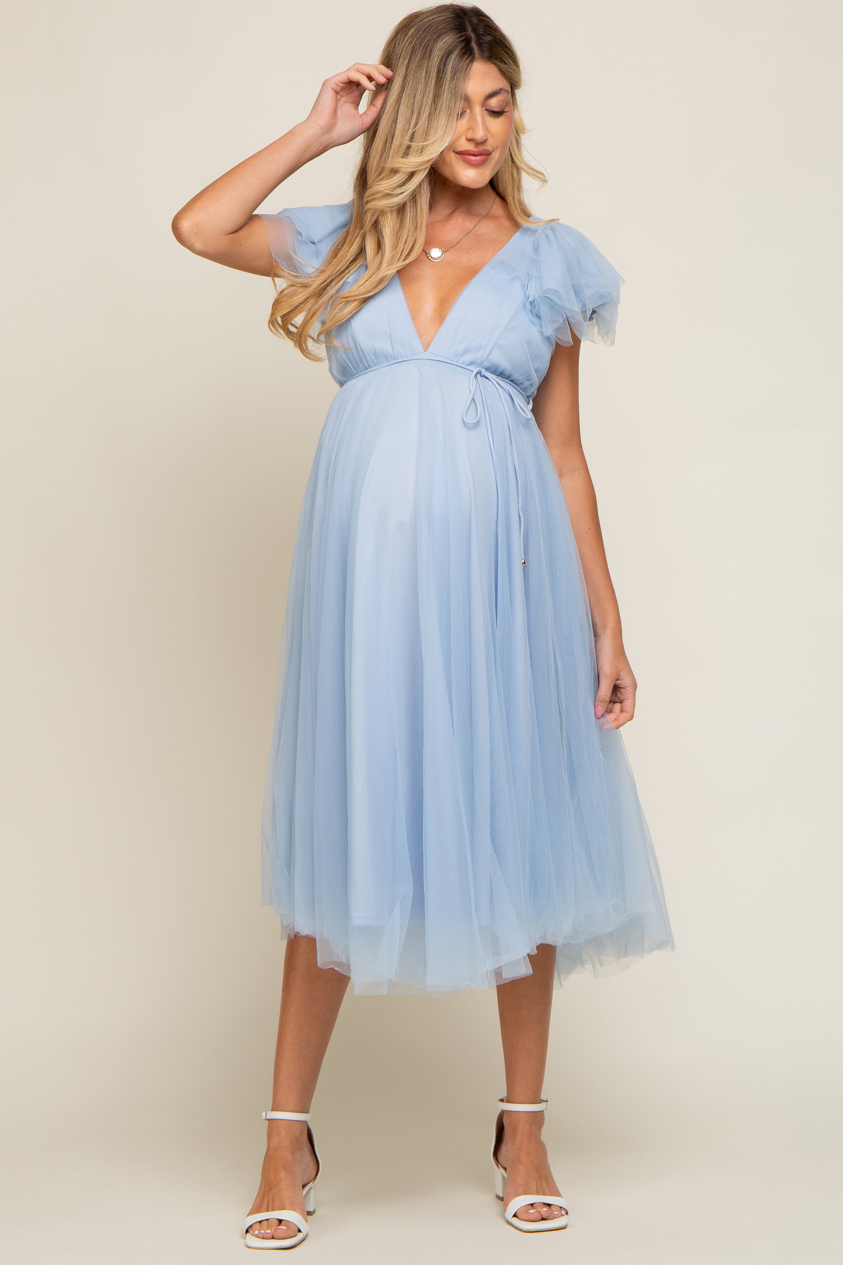 Light Blue Tulle V-Neck Flutter Sleeve Maternity Midi Dress sold by Pinkblush product image thumbnail 4