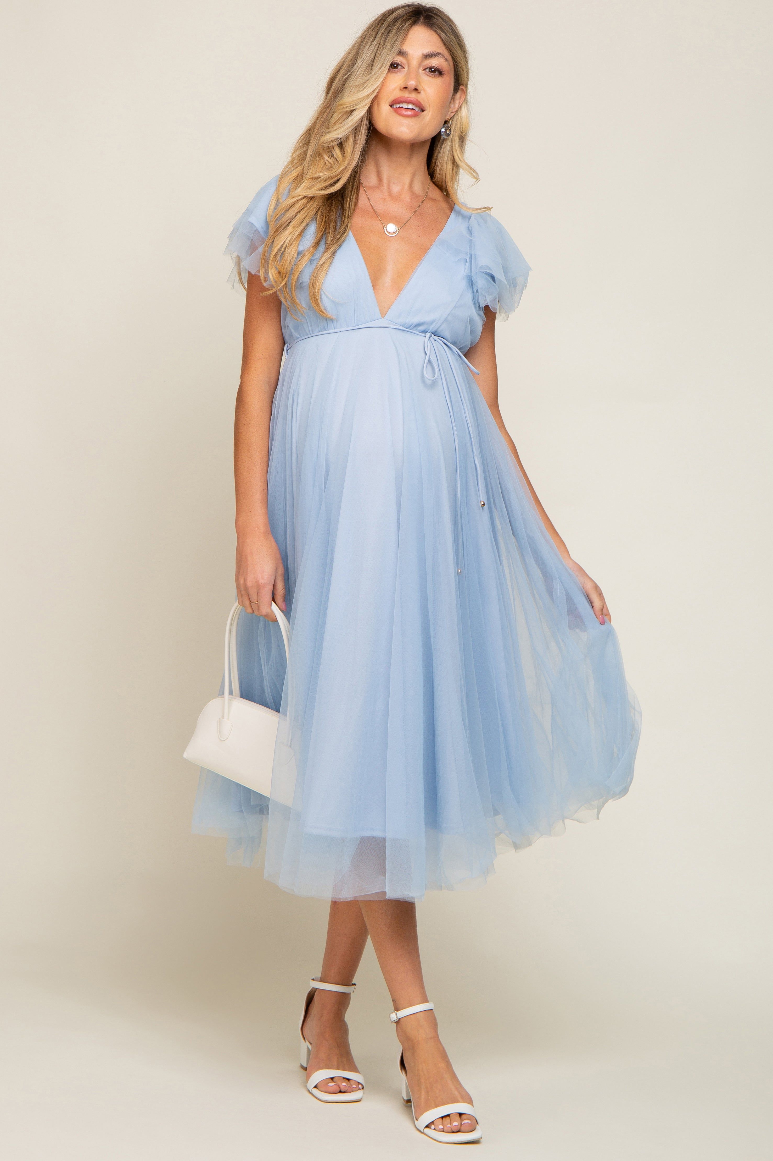 Light Blue Tulle V-Neck Flutter Sleeve Maternity Midi Dress sold by Pinkblush
