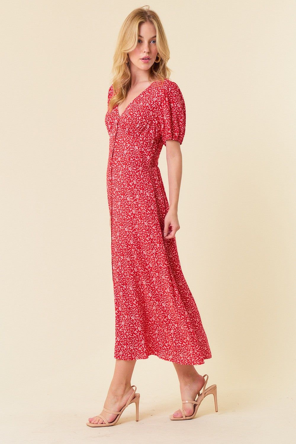 Red Ditsy Floral Print V-Neck Puff Short Sleeve Dress sold by Pinkblush product image thumbnail 2