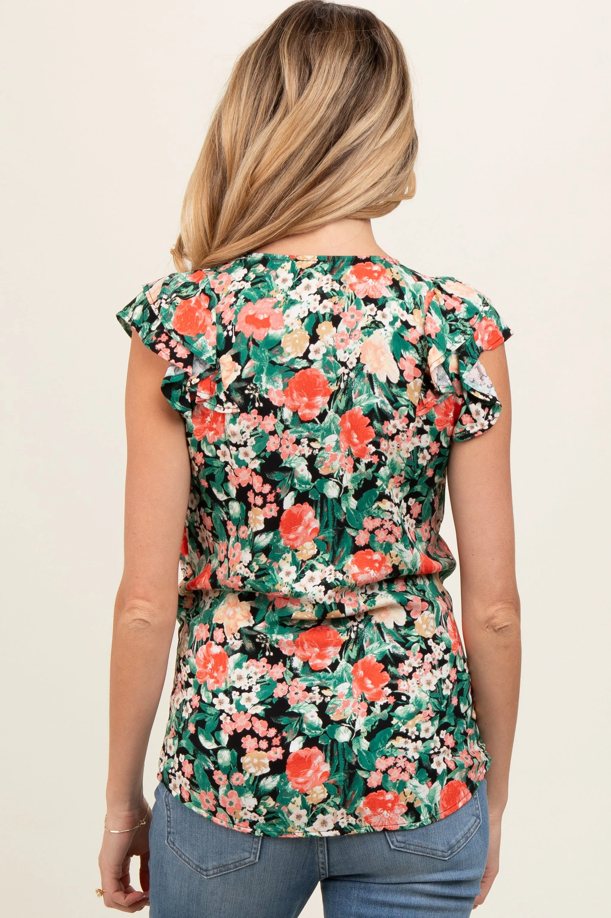 Black Floral Ruffle Cap Sleeve Maternity Top sold by Pinkblush product image thumbnail 3