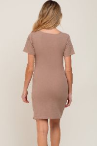 Taupe Ruched Wrap Tulip Hem Fitted Maternity/Nursing Dress sold by Pinkblush