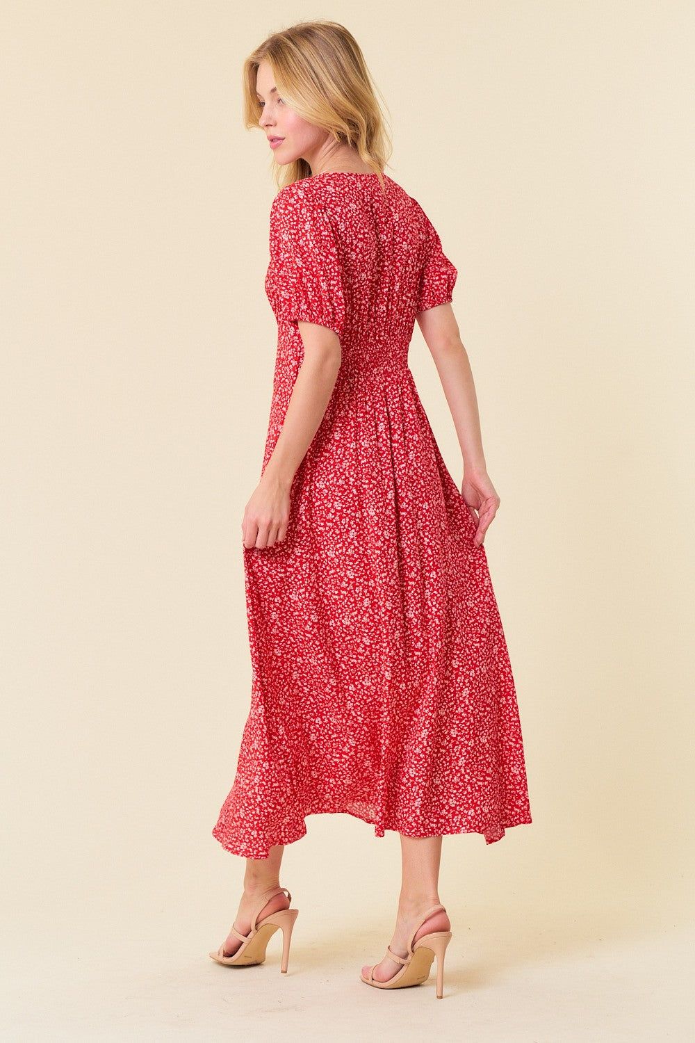 Red Ditsy Floral Print V-Neck Puff Short Sleeve Dress sold by Pinkblush product image thumbnail 3
