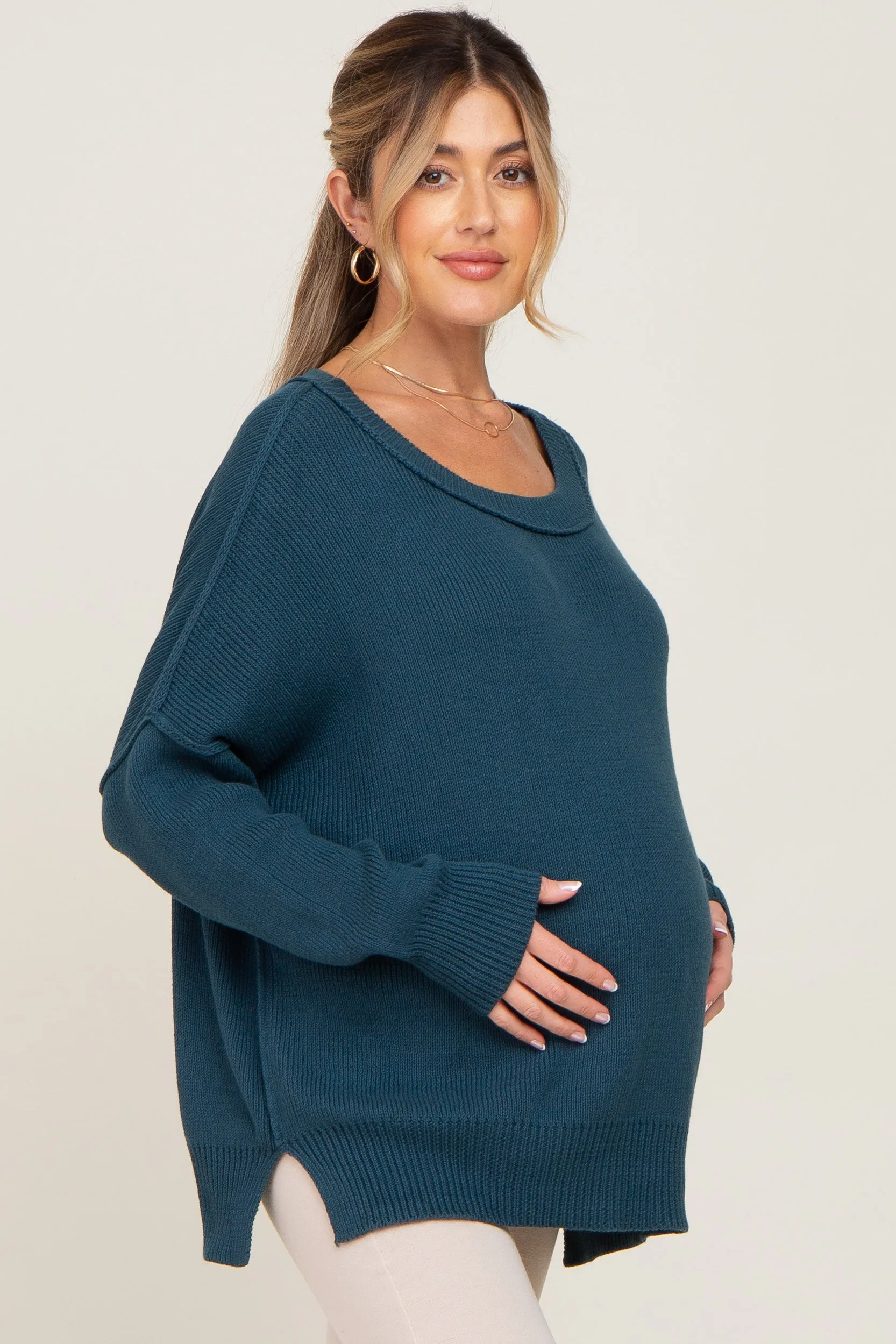 Teal Exposed Seam Side Slit Maternity Sweater sold by Pinkblush product image thumbnail 2