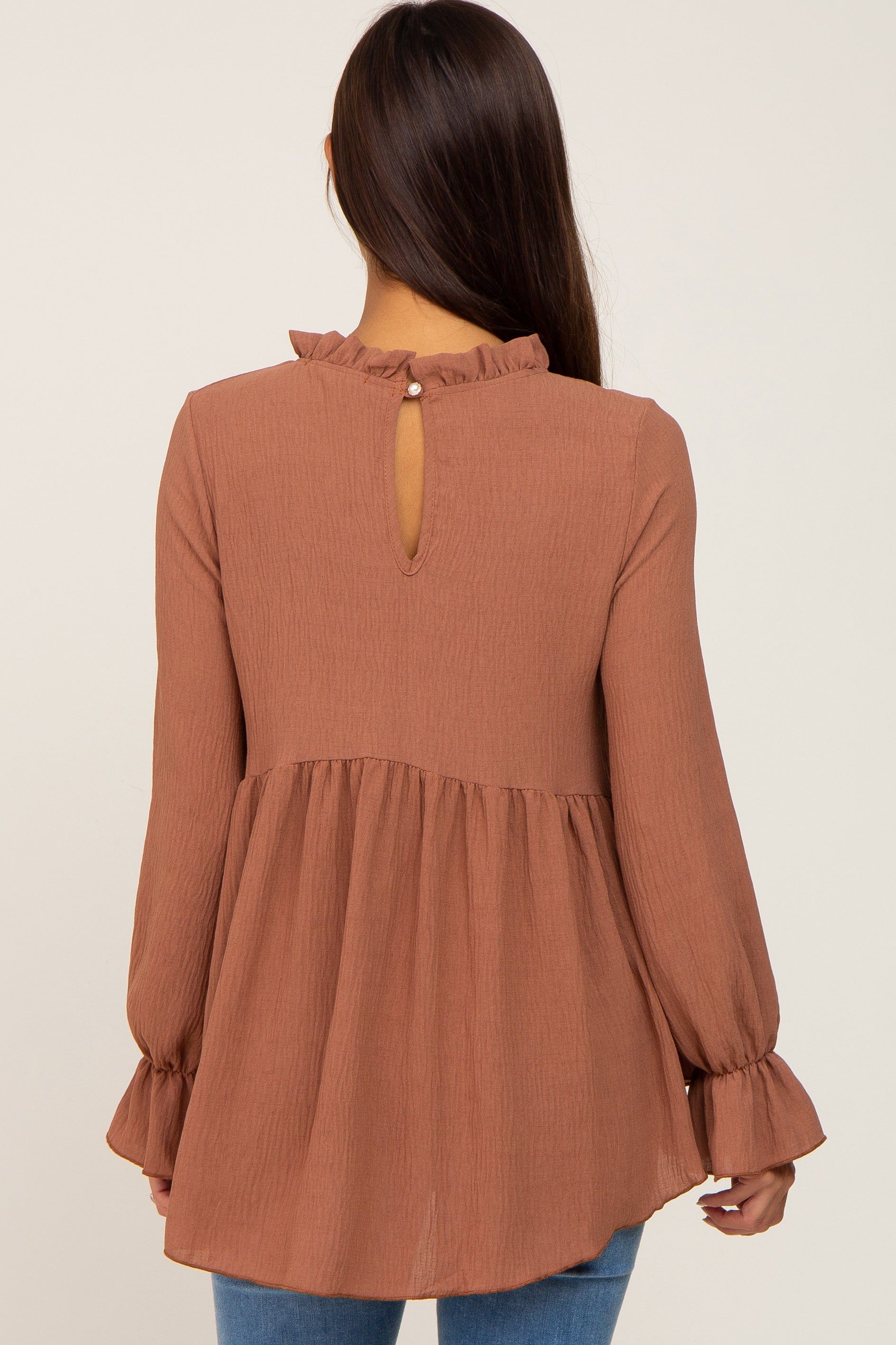 Camel Long Sleeve Ruffle Peplum Maternity Blouse sold by Pinkblush product image thumbnail 3