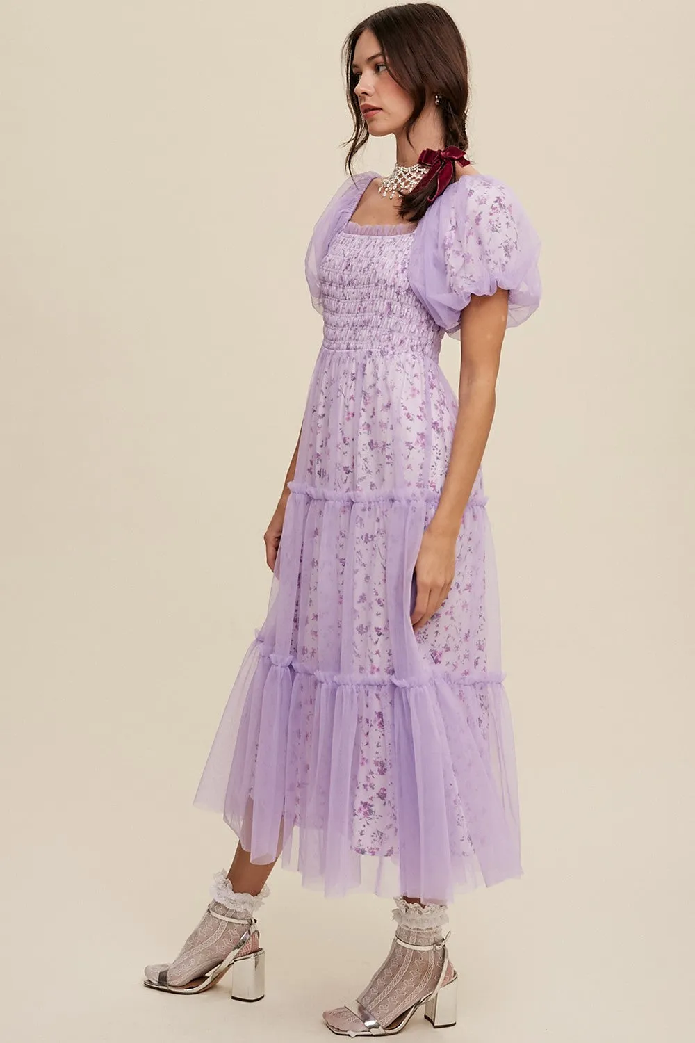 Lavender Floral Lined Smocked Tulle Midi Dress sold by Pinkblush product image thumbnail 3