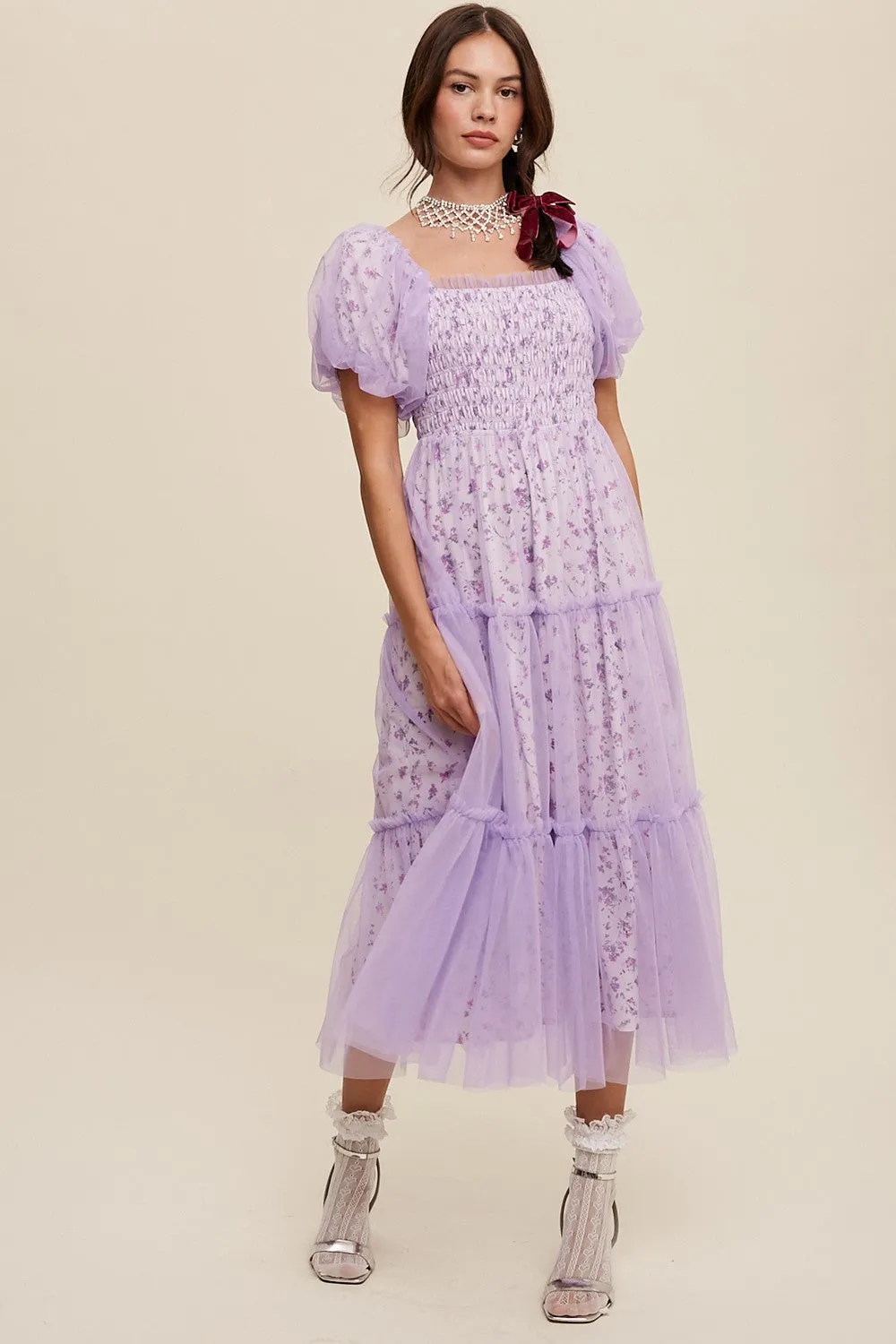 Lavender Floral Lined Smocked Tulle Midi Dress sold by Pinkblush