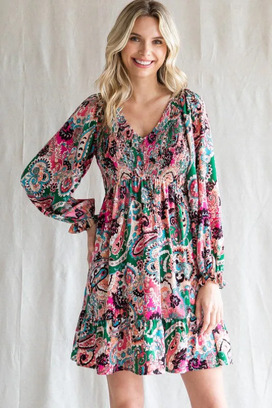 Pink Paisley Smocked Long Sleeve Dress sold by Pinkblush