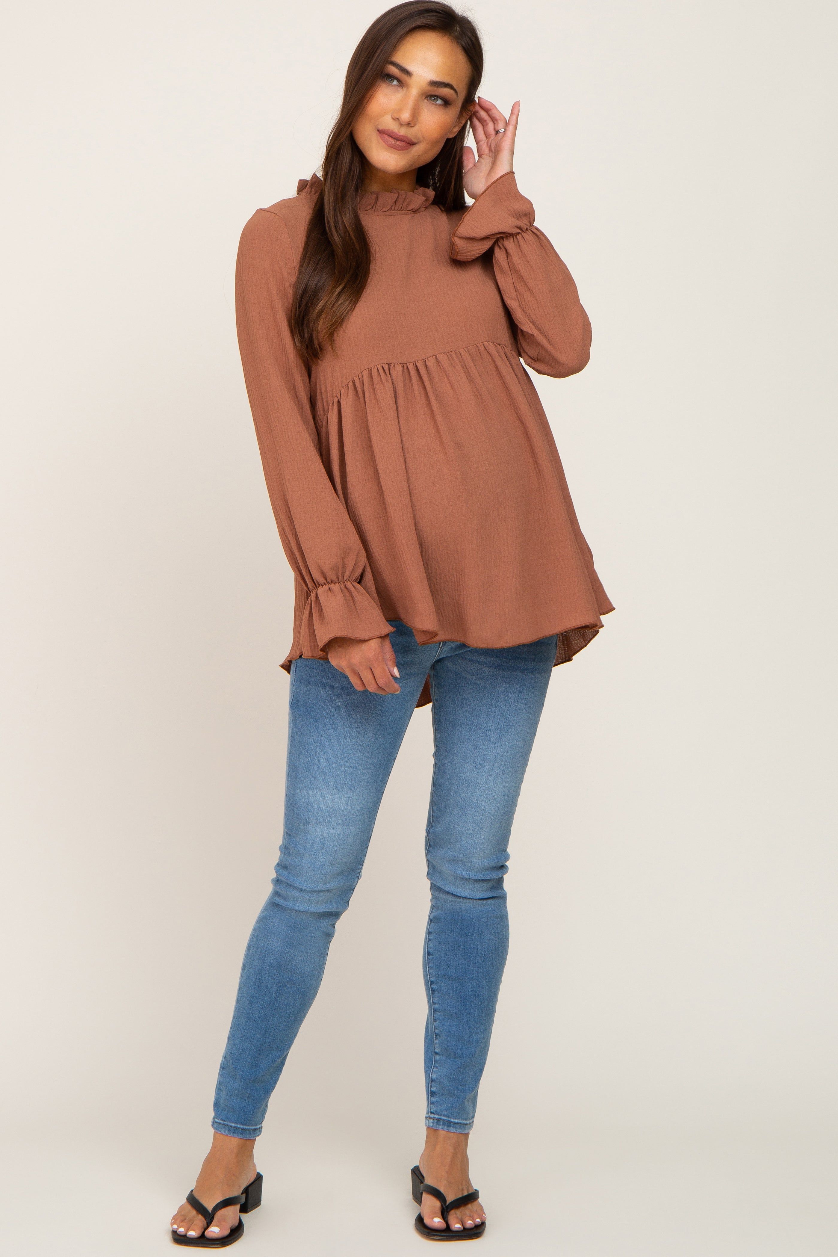 Camel Long Sleeve Ruffle Peplum Maternity Blouse sold by Pinkblush product image thumbnail 4