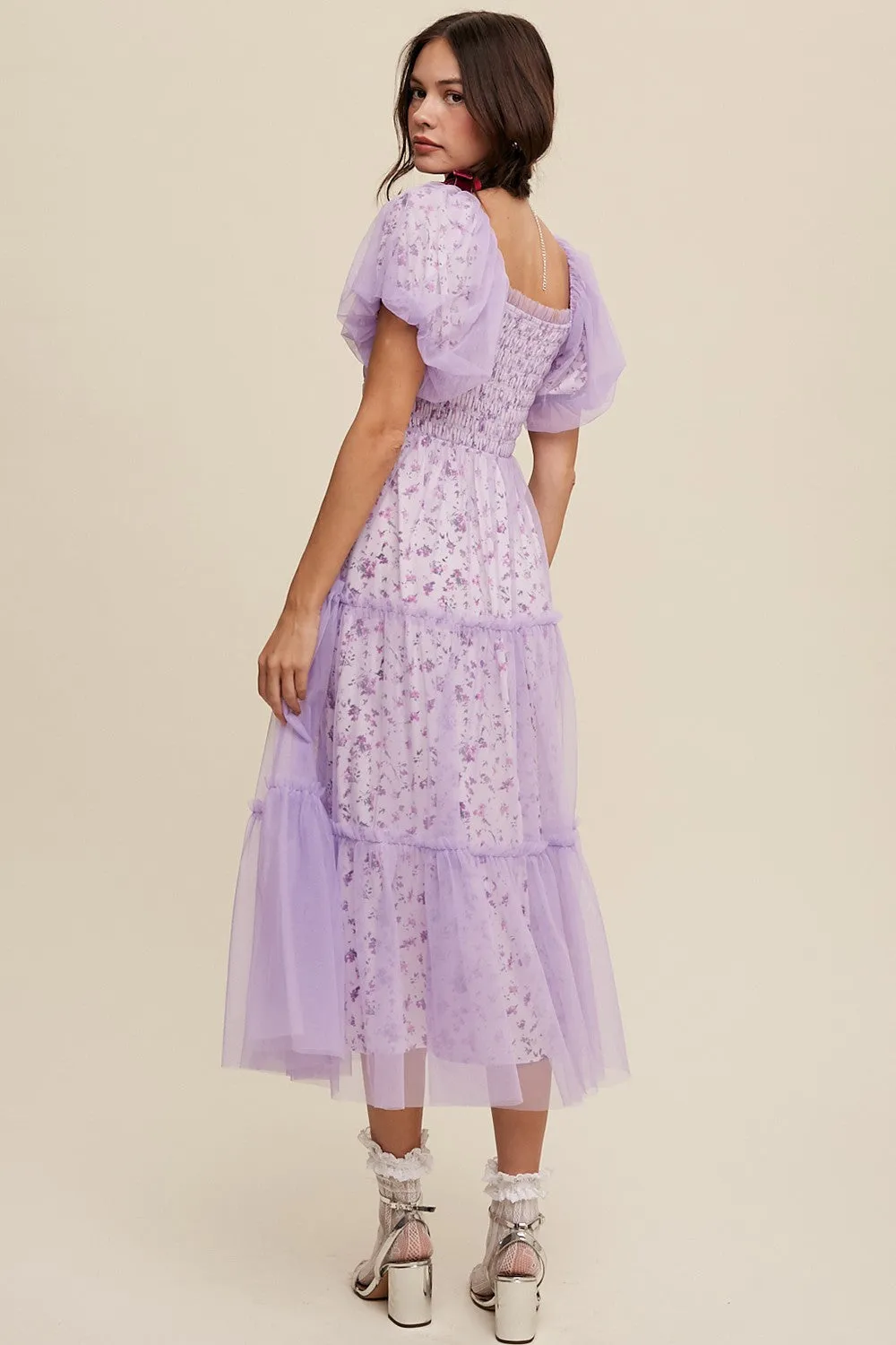 Lavender Floral Lined Smocked Tulle Midi Dress sold by Pinkblush product image thumbnail 4