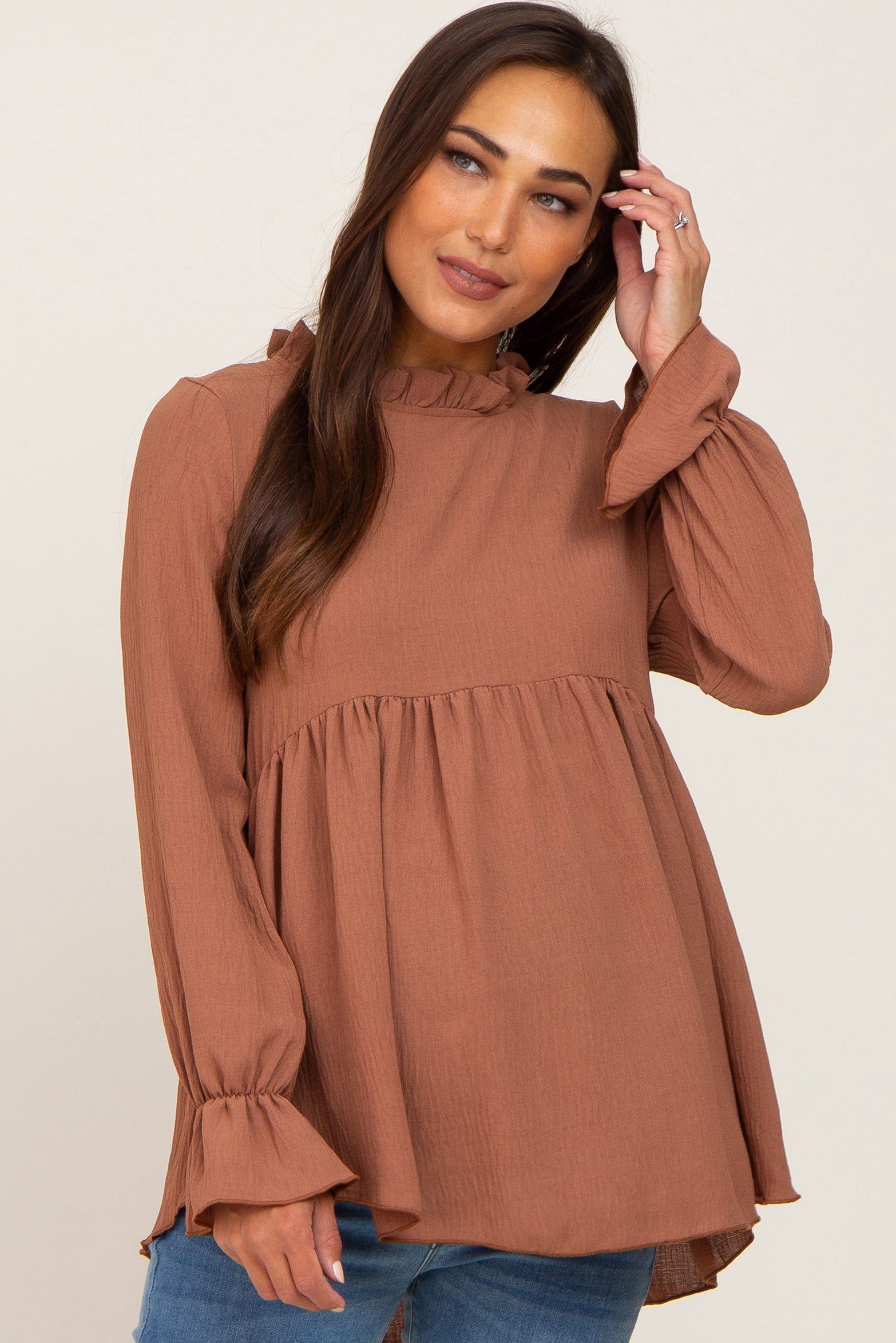 Camel Long Sleeve Ruffle Peplum Maternity Blouse sold by Pinkblush