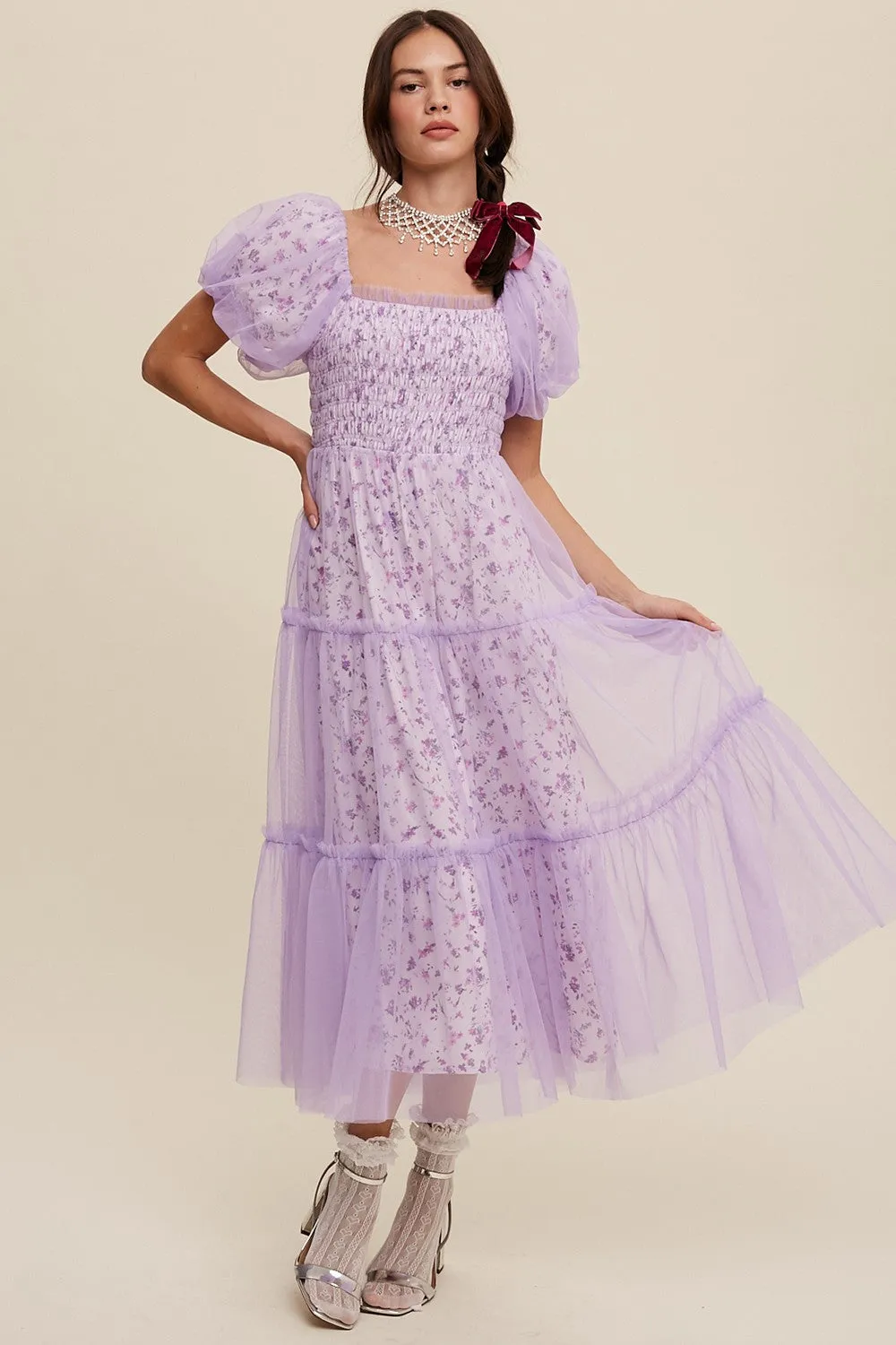 Lavender Floral Lined Smocked Tulle Midi Dress sold by Pinkblush product image thumbnail 2
