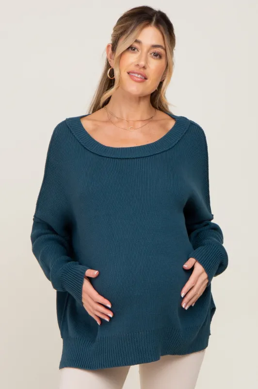 Teal Exposed Seam Side Slit Maternity Sweater sold by Pinkblush
