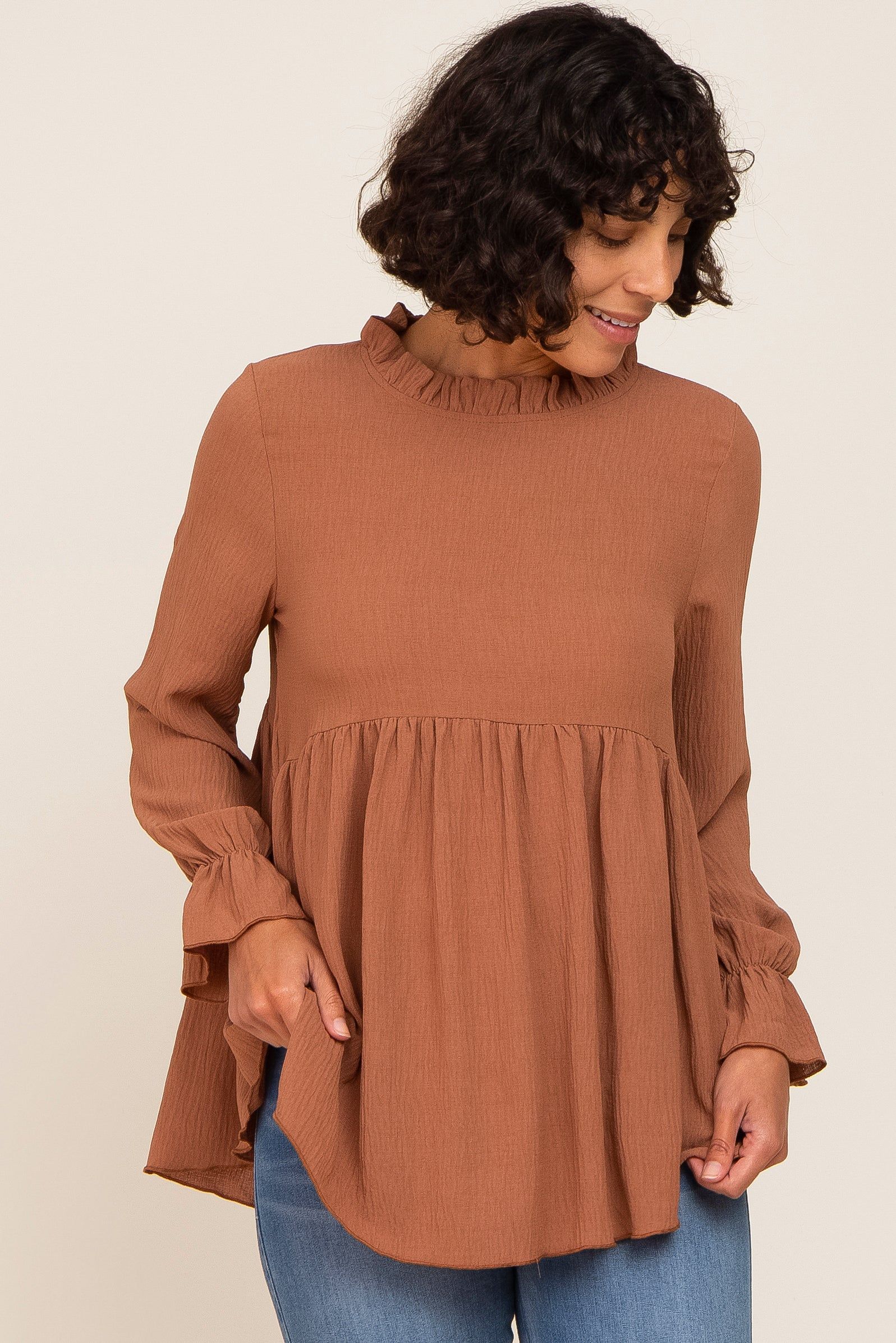 Camel Long Sleeve Ruffle Peplum Maternity Blouse sold by Pinkblush product image thumbnail 5