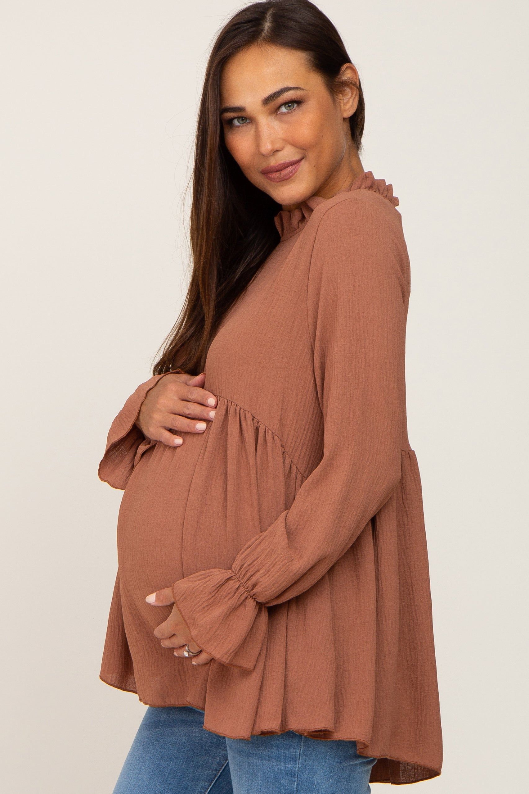 Camel Long Sleeve Ruffle Peplum Maternity Blouse sold by Pinkblush product image thumbnail 2