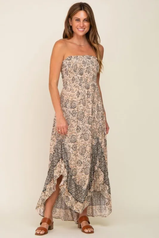 Taupe Floral Asymmetrical Maxi Dress sold by Pinkblush