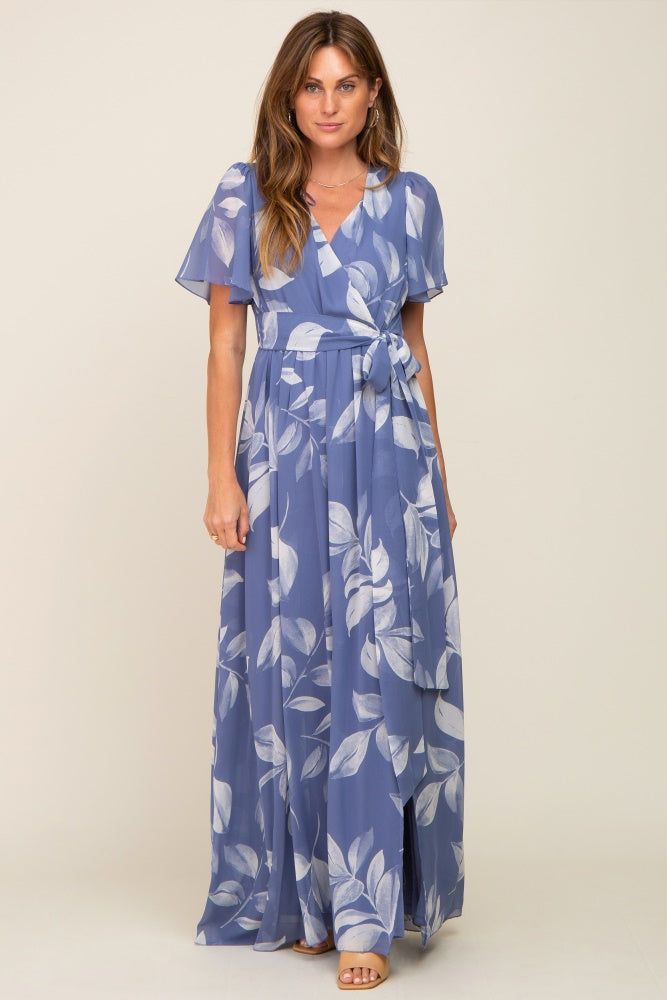 Blue Leaf Print Chiffon V-Neck Front Slit Maternity Dress sold by Pinkblush product image thumbnail 5