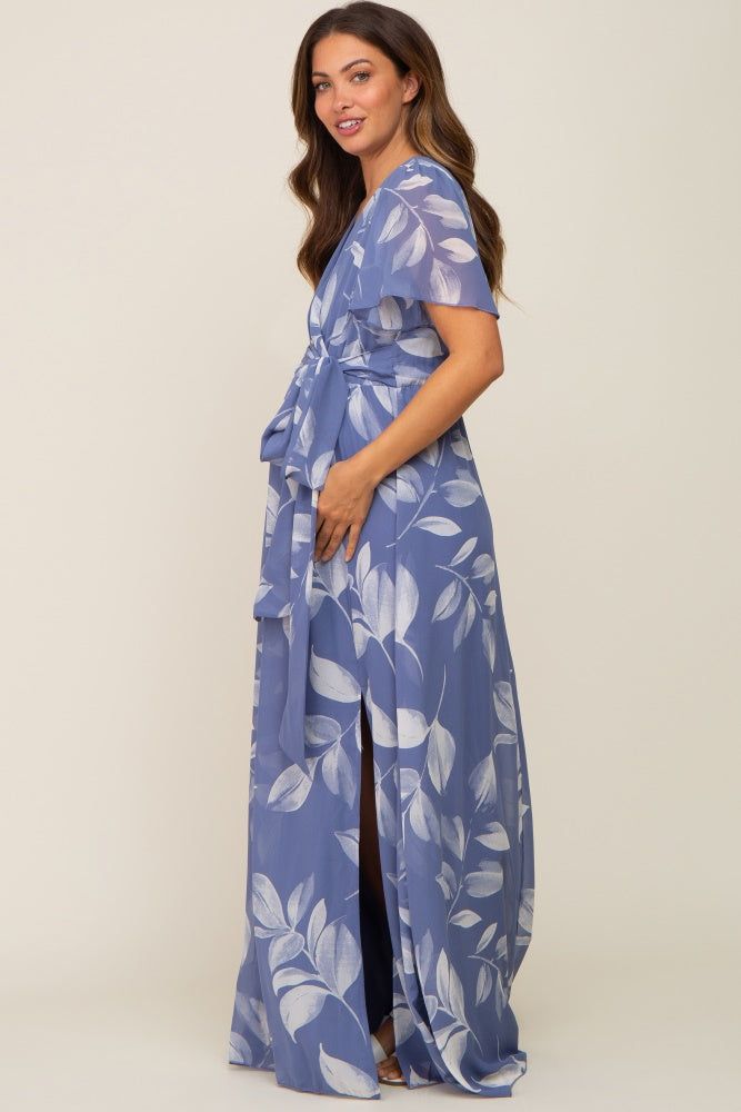 Blue Leaf Print Chiffon V-Neck Front Slit Maternity Dress sold by Pinkblush product image thumbnail 2