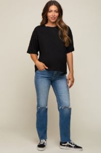 Black Basic Rolled Short Sleeve Maternity T-Shirt sold by Pinkblush