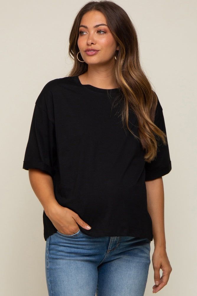 Black Basic Rolled Short Sleeve Maternity T-Shirt sold by Pinkblush