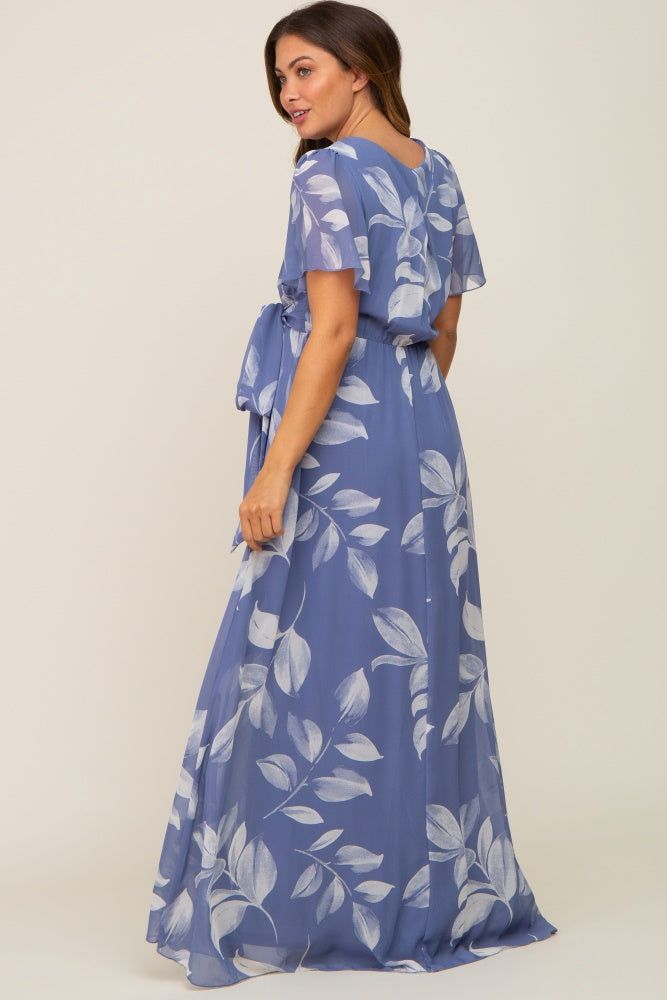 Blue Leaf Print Chiffon V-Neck Front Slit Maternity Dress sold by Pinkblush product image thumbnail 3