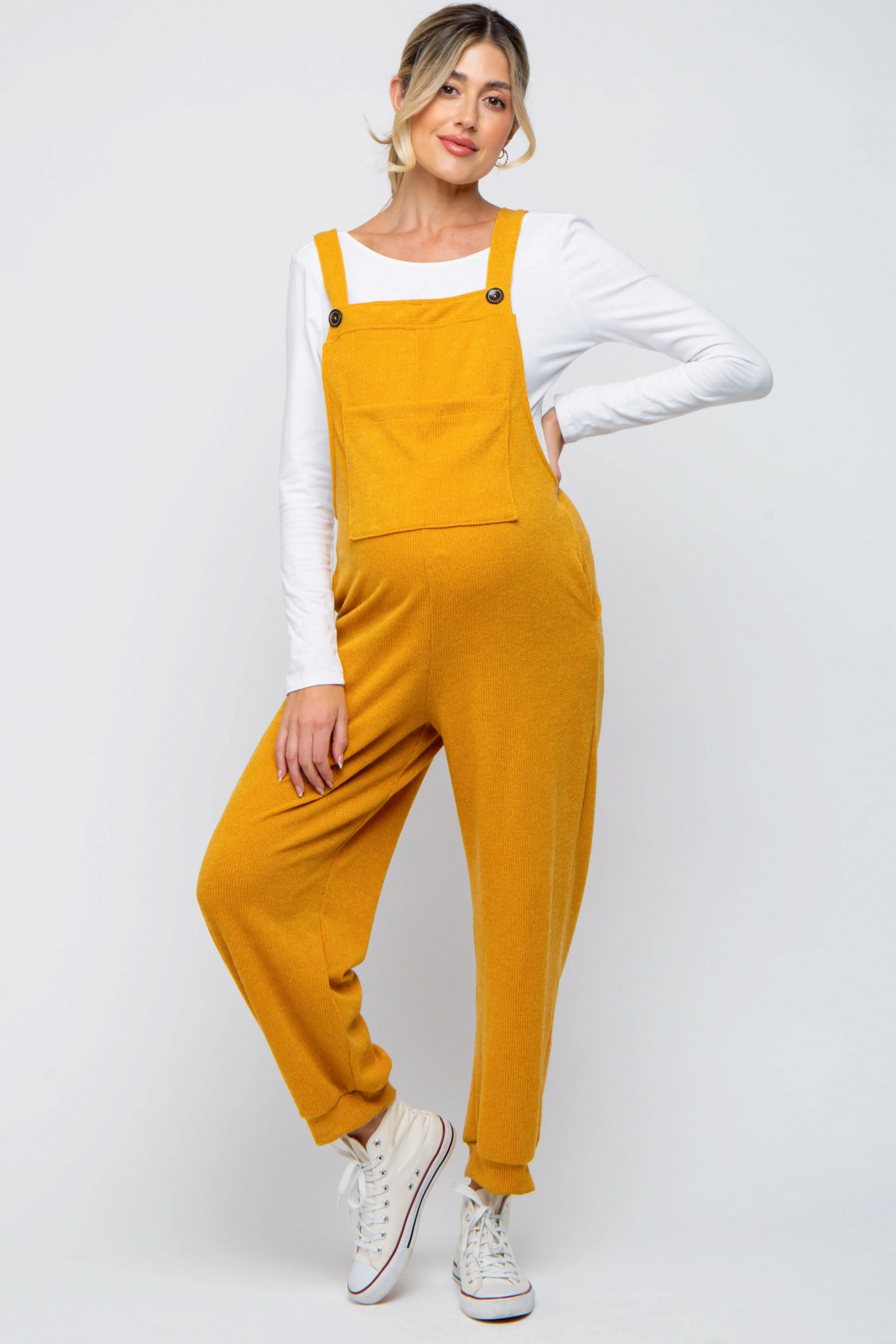 Yellow Front Pocket Knit Maternity Overalls sold by Pinkblush product image thumbnail 4