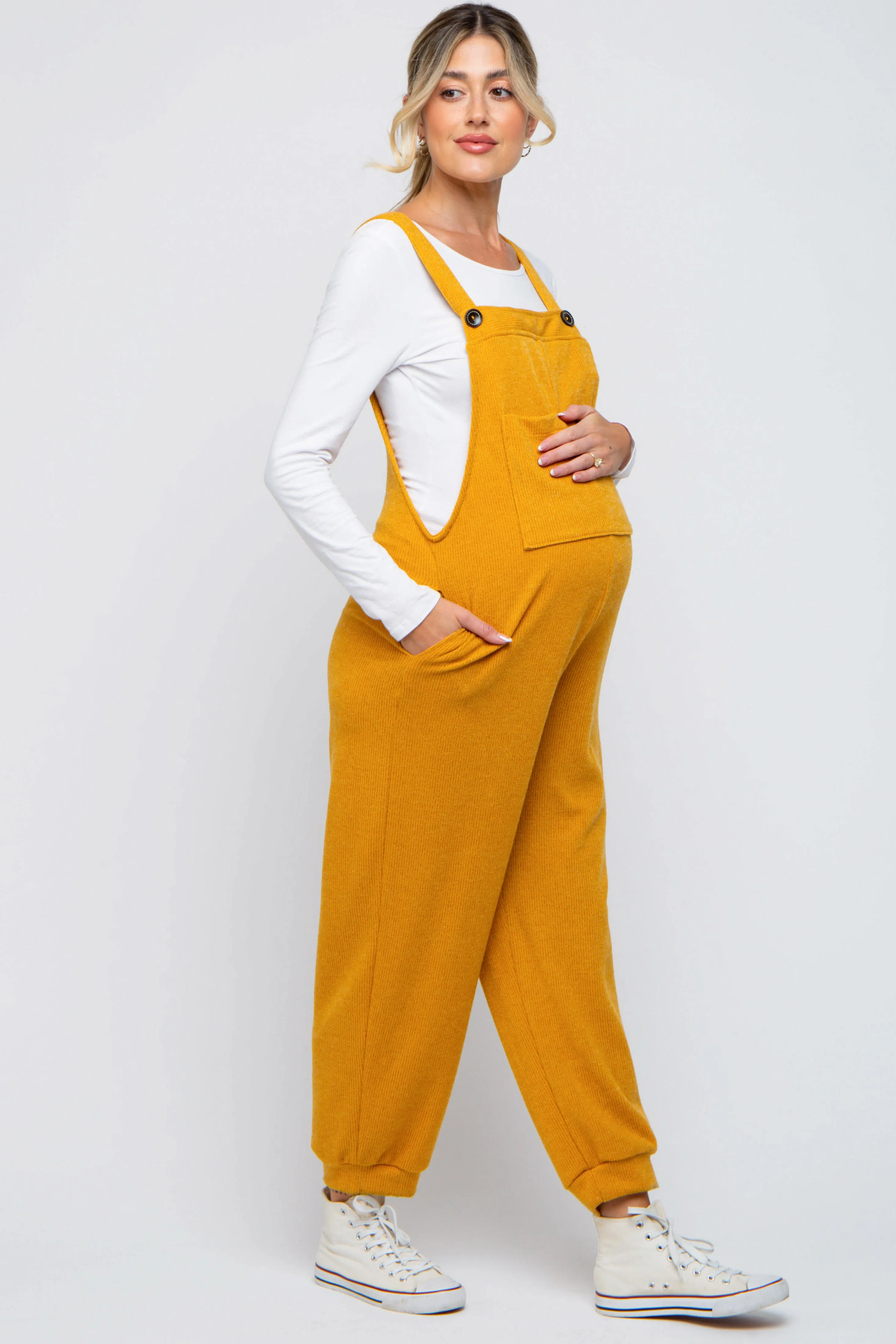 Yellow Front Pocket Knit Maternity Overalls sold by Pinkblush