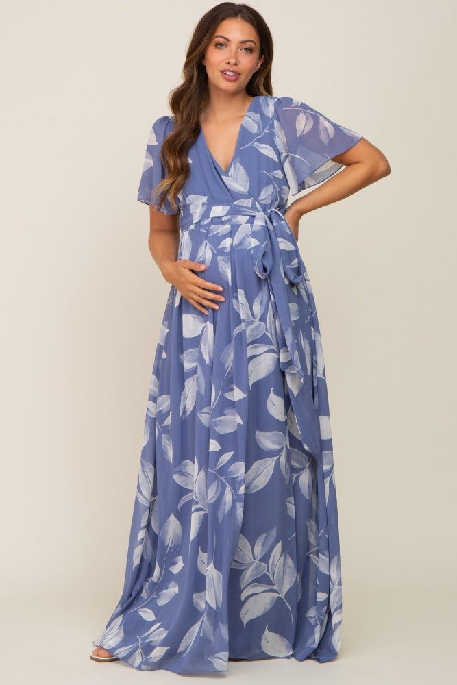Blue Leaf Print Chiffon V-Neck Front Slit Maternity Dress sold by Pinkblush product image thumbnail 4