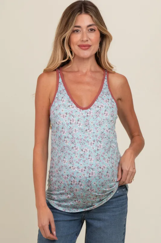 Light Blue Floral V-Neck Maternity Tank Top sold by Pinkblush