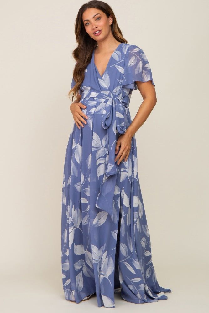 Blue Leaf Print Chiffon V-Neck Front Slit Maternity Dress sold by Pinkblush