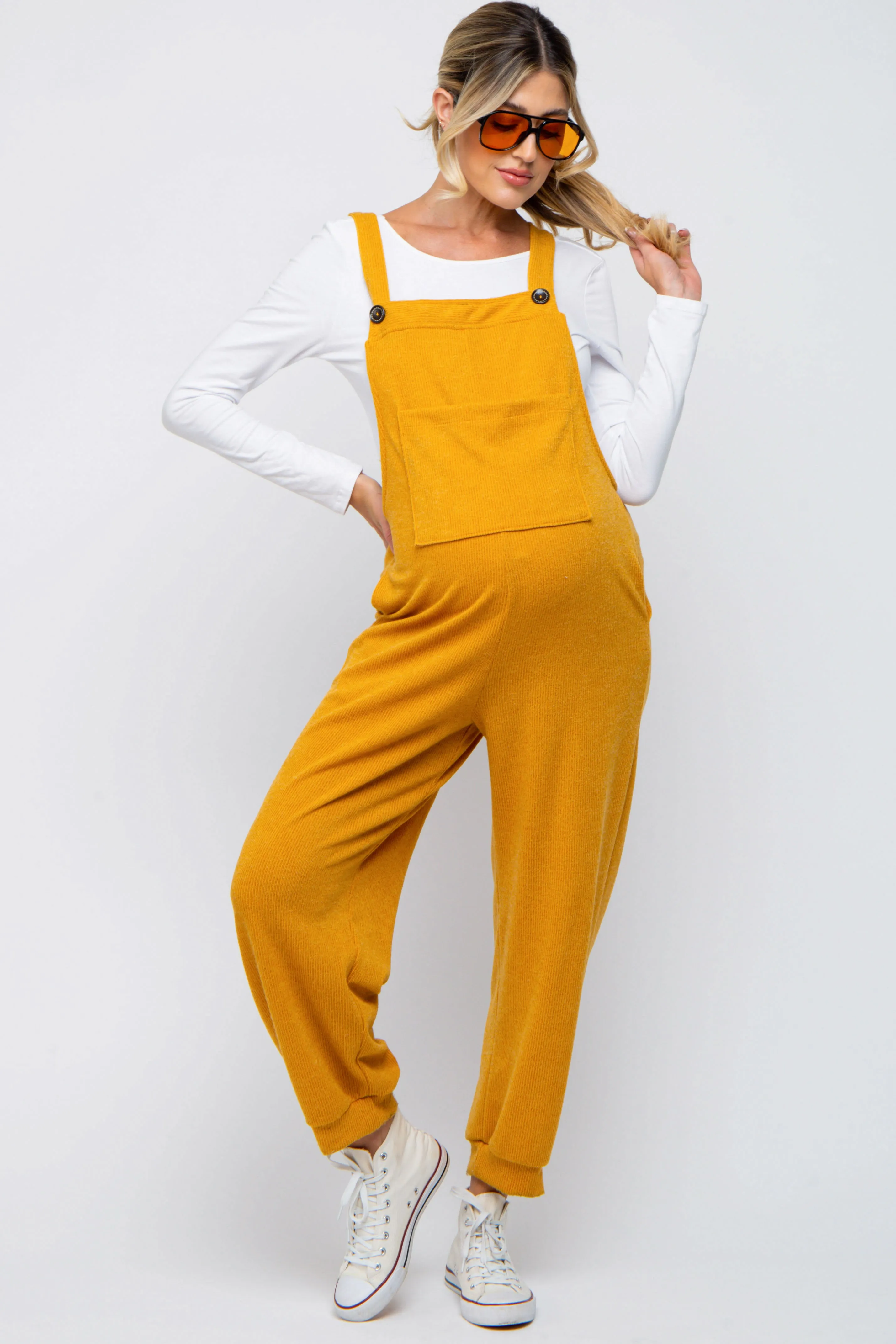 Yellow Front Pocket Knit Maternity Overalls sold by Pinkblush product image thumbnail 2
