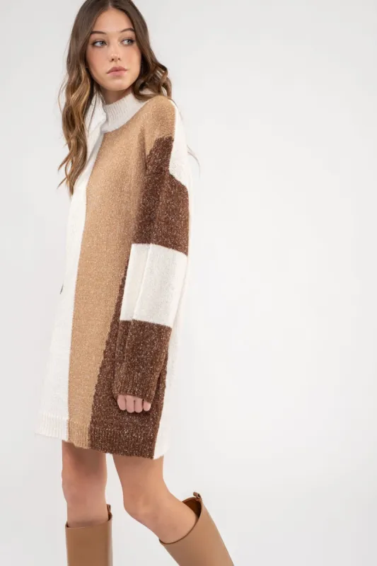 Ivory Multi Mock Neck Colorblock Knit Sweater Dress sold by Pinkblush