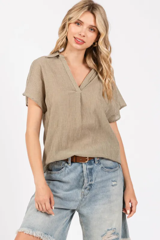 Olive Striped Split V-Neck Dolman Sleeve Top sold by Pinkblush