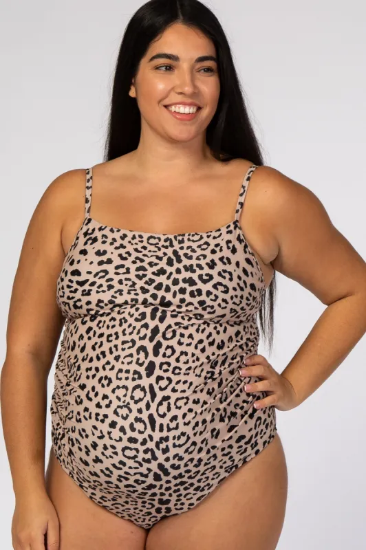 Beige Cheetah Print One-Piece Maternity Plus Swimsuit sold by Pinkblush