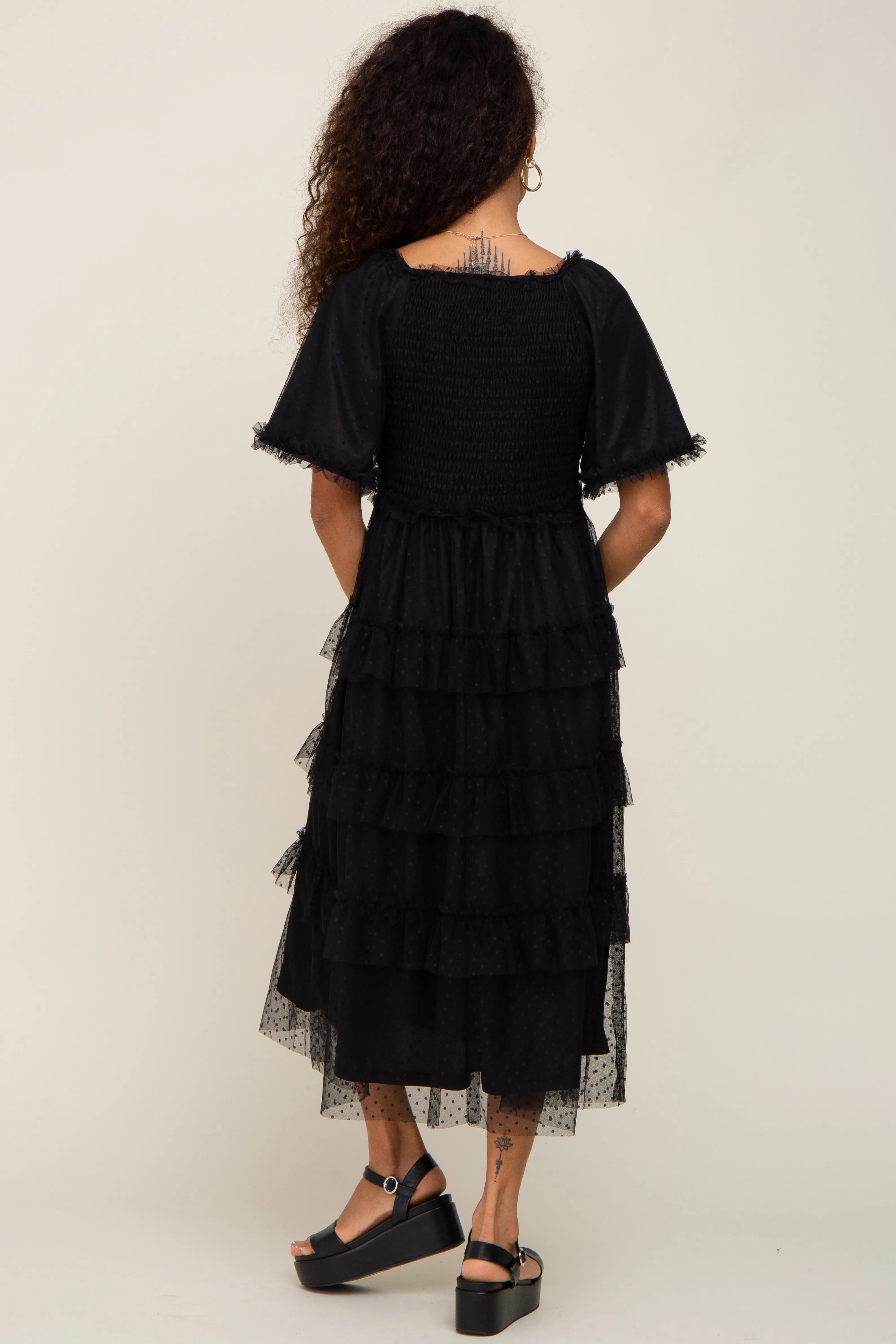 Black Dot Smocked Ruffle Tiered Midi Dress sold by Pinkblush product image thumbnail 3