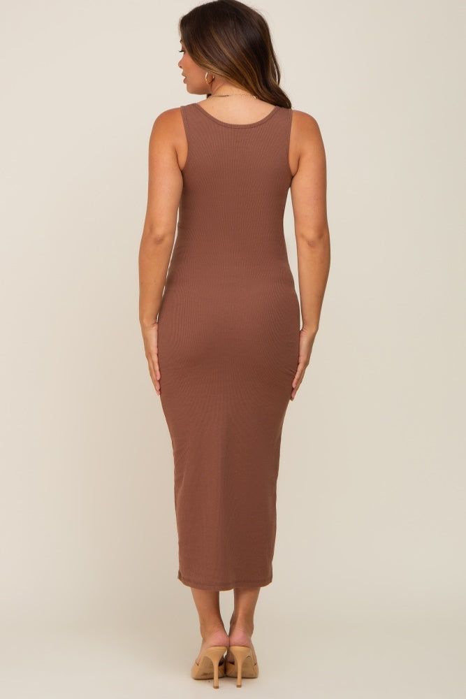Brown Ribbed Basic Maternity Maxi Dress sold by Pinkblush product image thumbnail 3