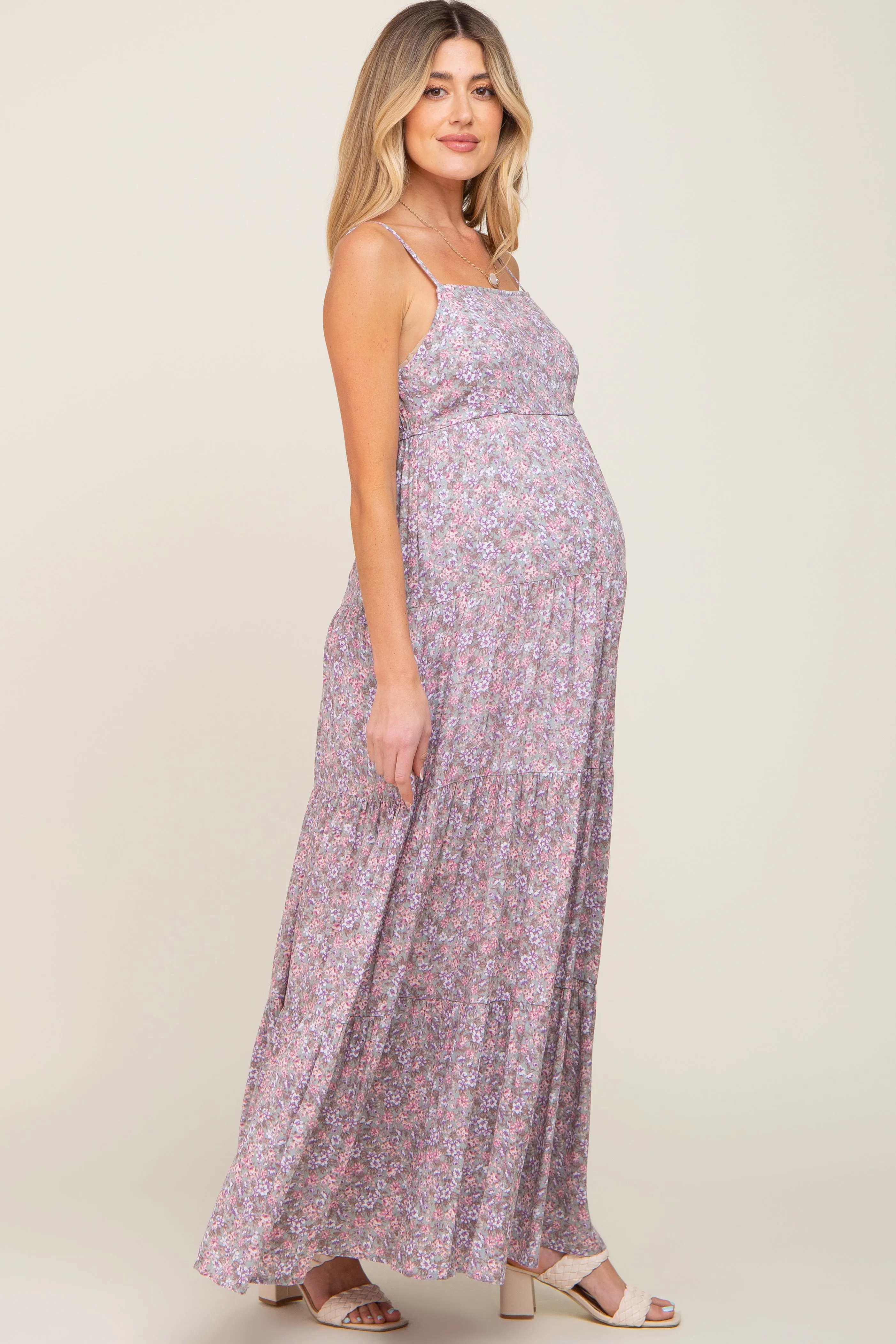 Pink Floral Tiered Maternity Maxi Dress sold by Pinkblush product image thumbnail 2