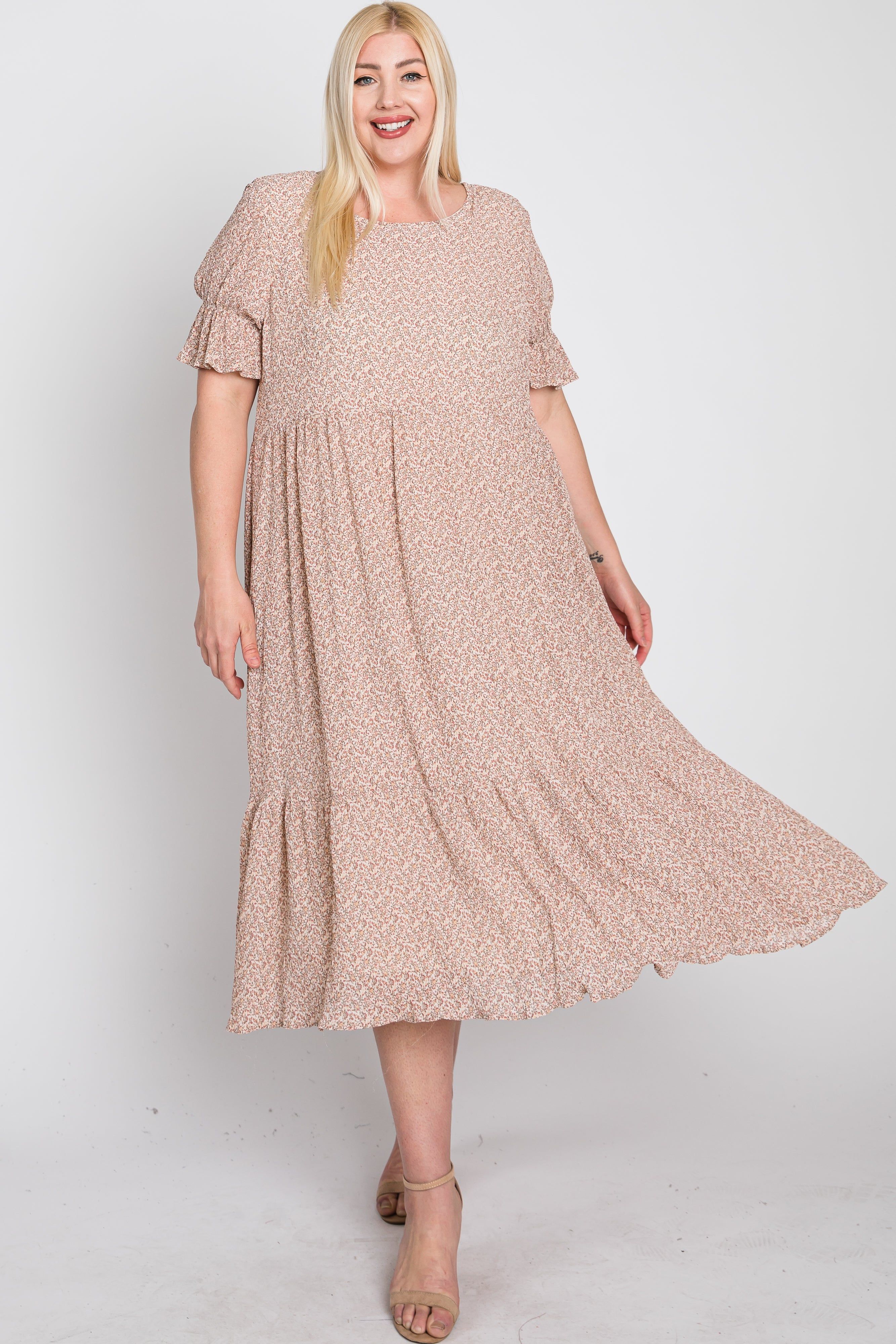 Pink Floral Pleated Chiffon Ruffle Sleeve Plus Midi Dress sold by Pinkblush product image thumbnail 3