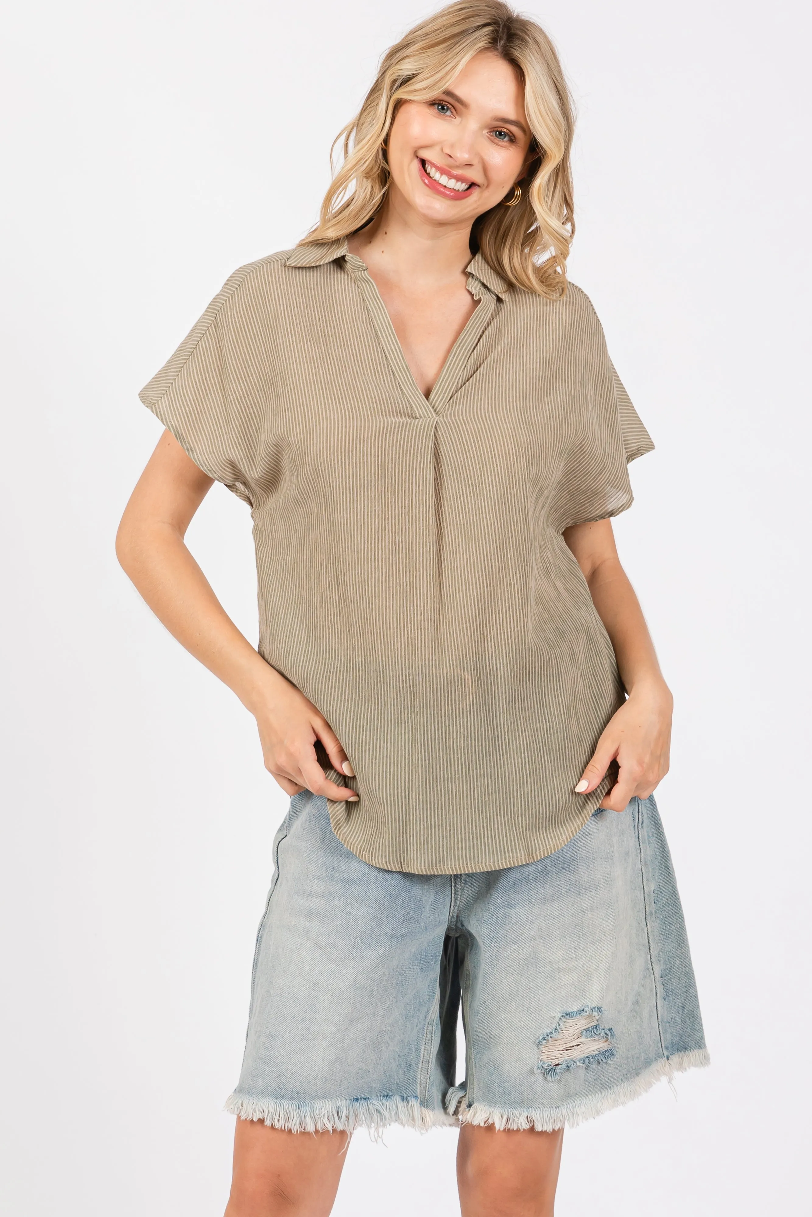 Olive Striped Split V-Neck Dolman Sleeve Top sold by Pinkblush product image thumbnail 2