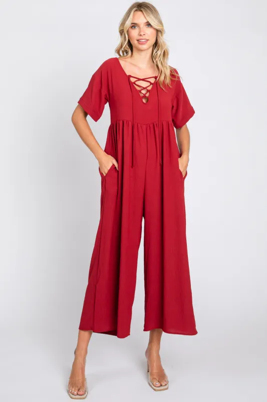 Burgundy Crisscross Wide Leg Jumpsuit sold by Pinkblush