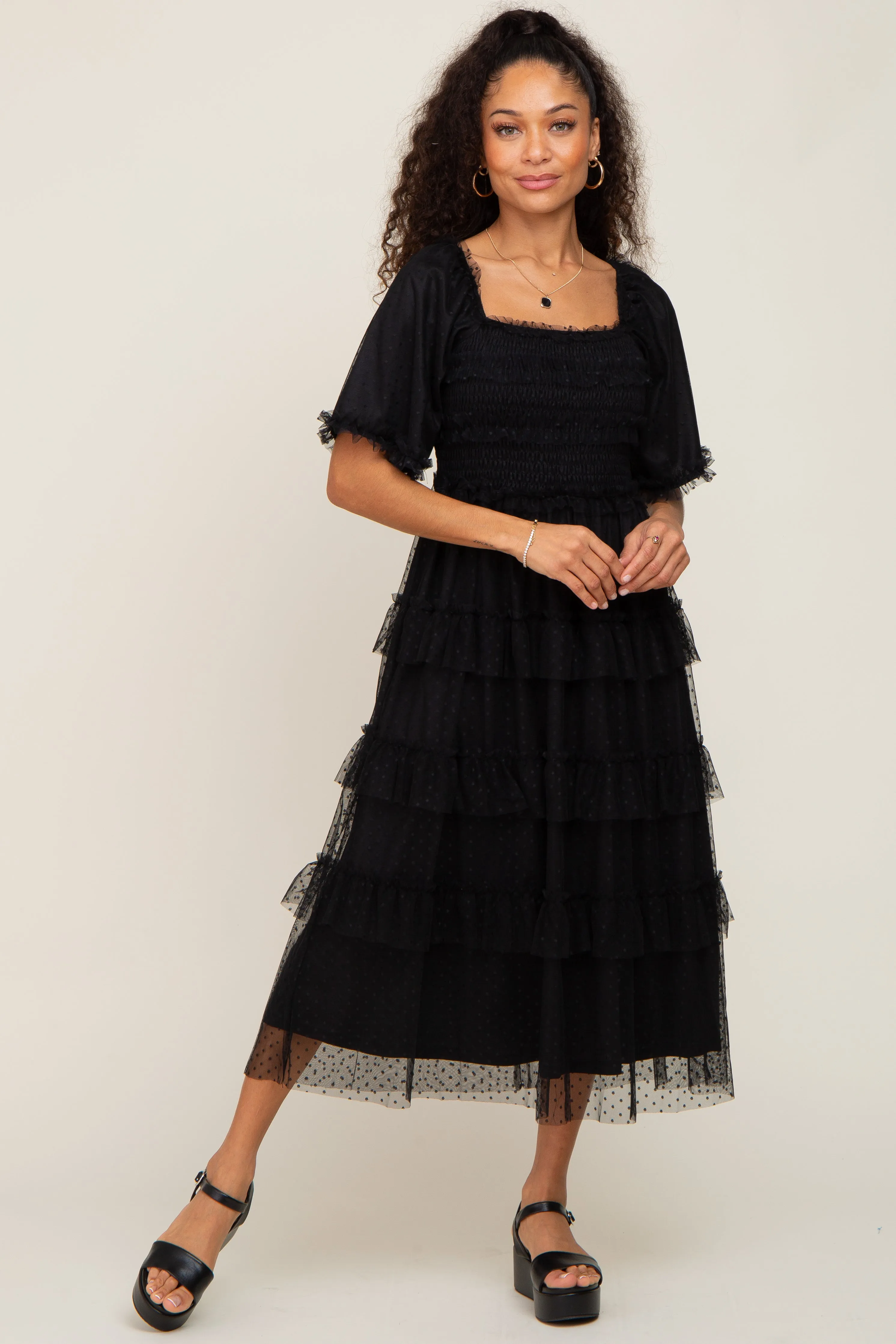 Black Dot Smocked Ruffle Tiered Midi Dress sold by Pinkblush product image thumbnail 4