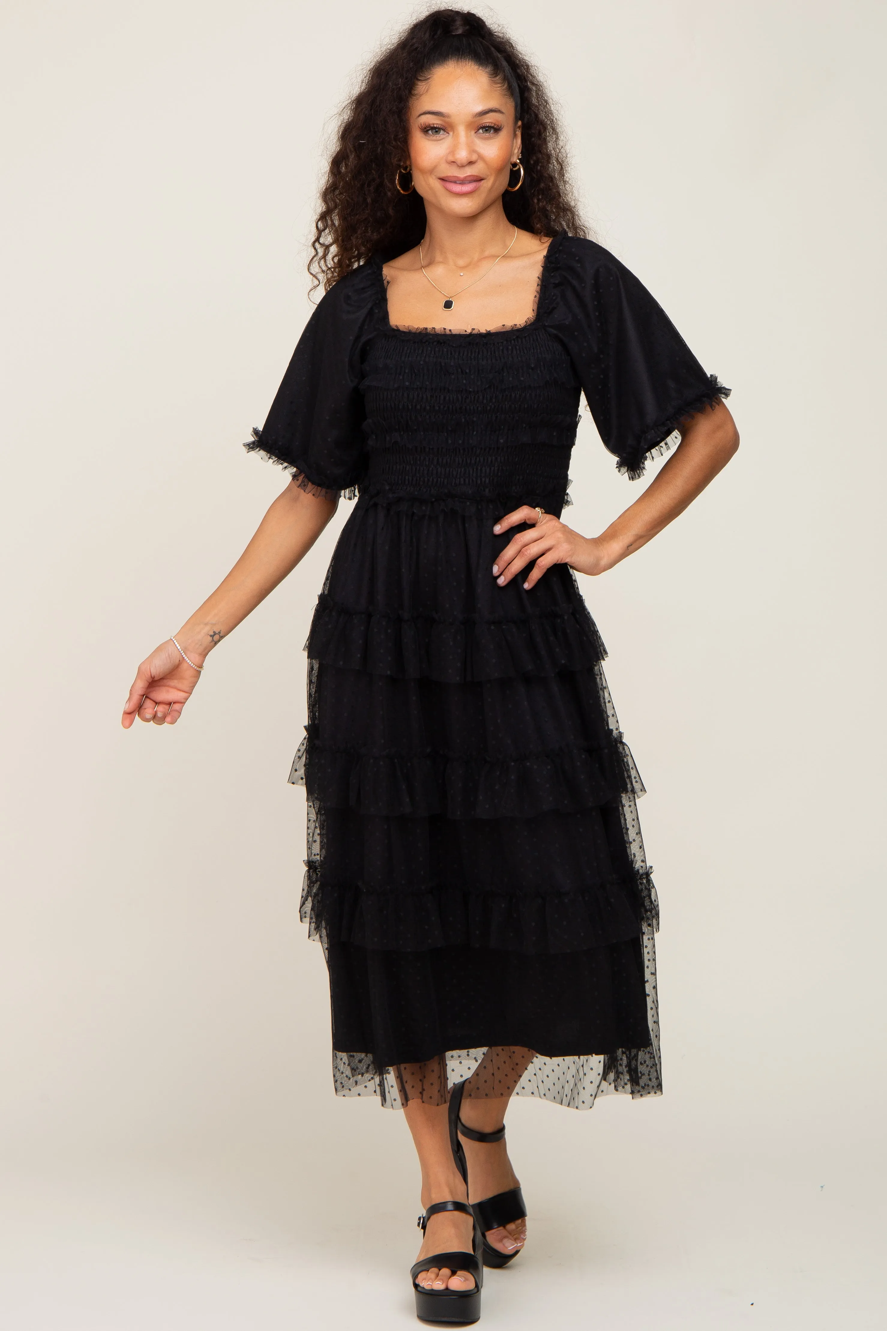 Black Dot Smocked Ruffle Tiered Midi Dress sold by Pinkblush