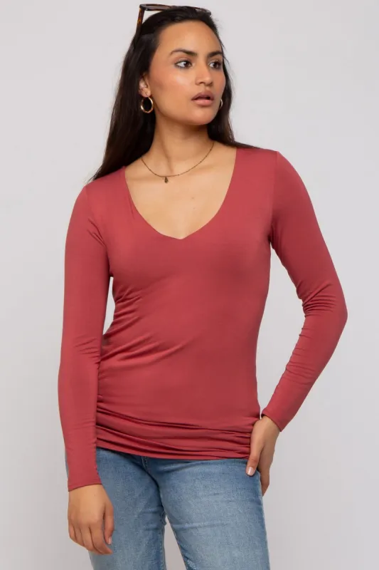 Rust V-Neck Long Sleeve Top sold by Pinkblush