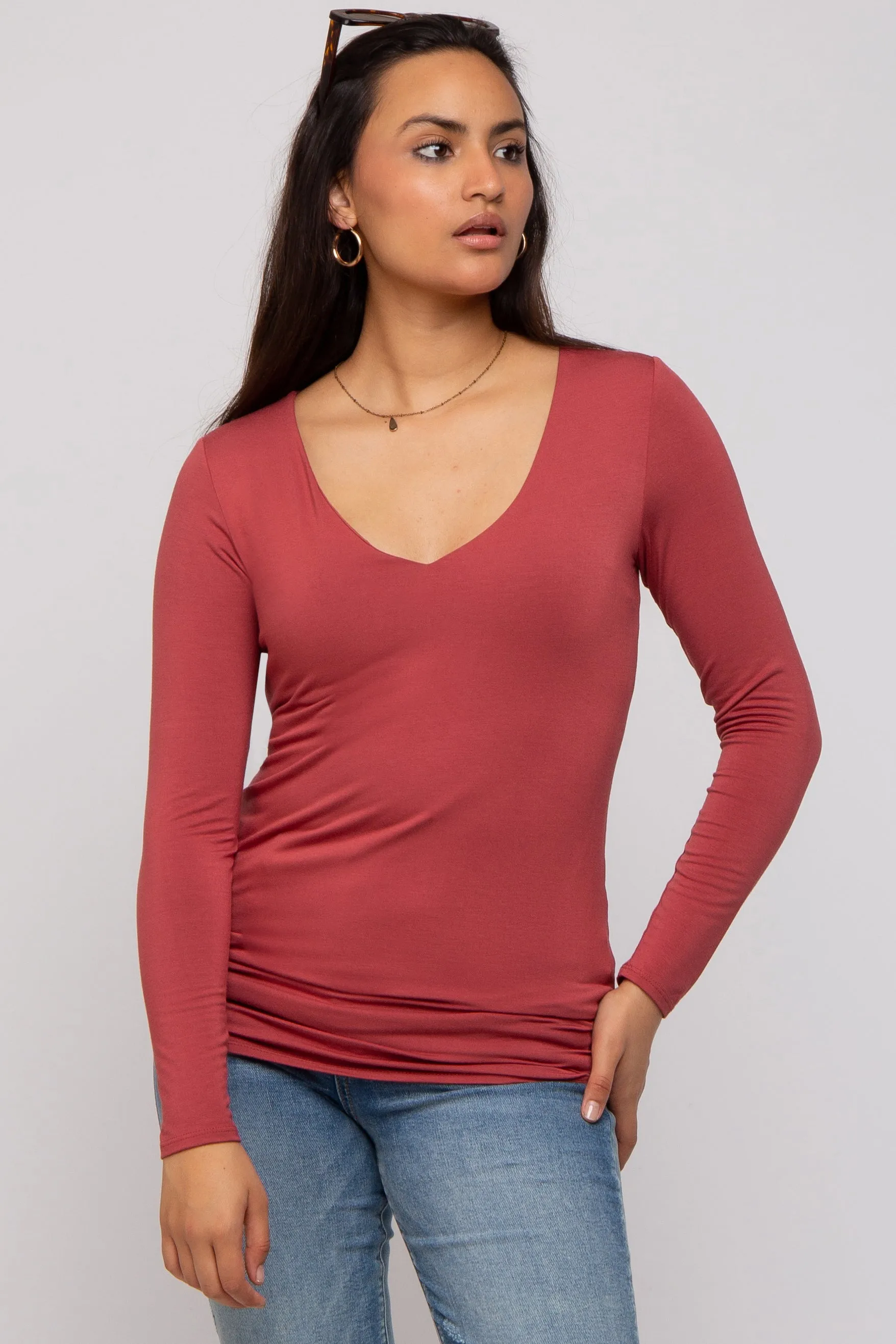 Rust V-Neck Long Sleeve Top sold by Pinkblush