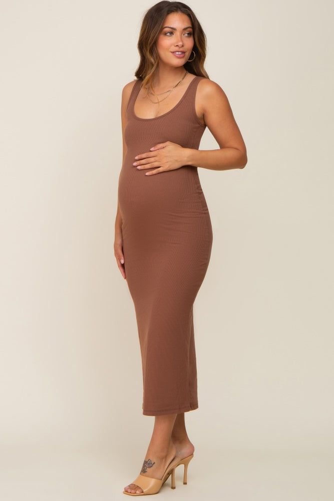 Brown Ribbed Basic Maternity Maxi Dress sold by Pinkblush