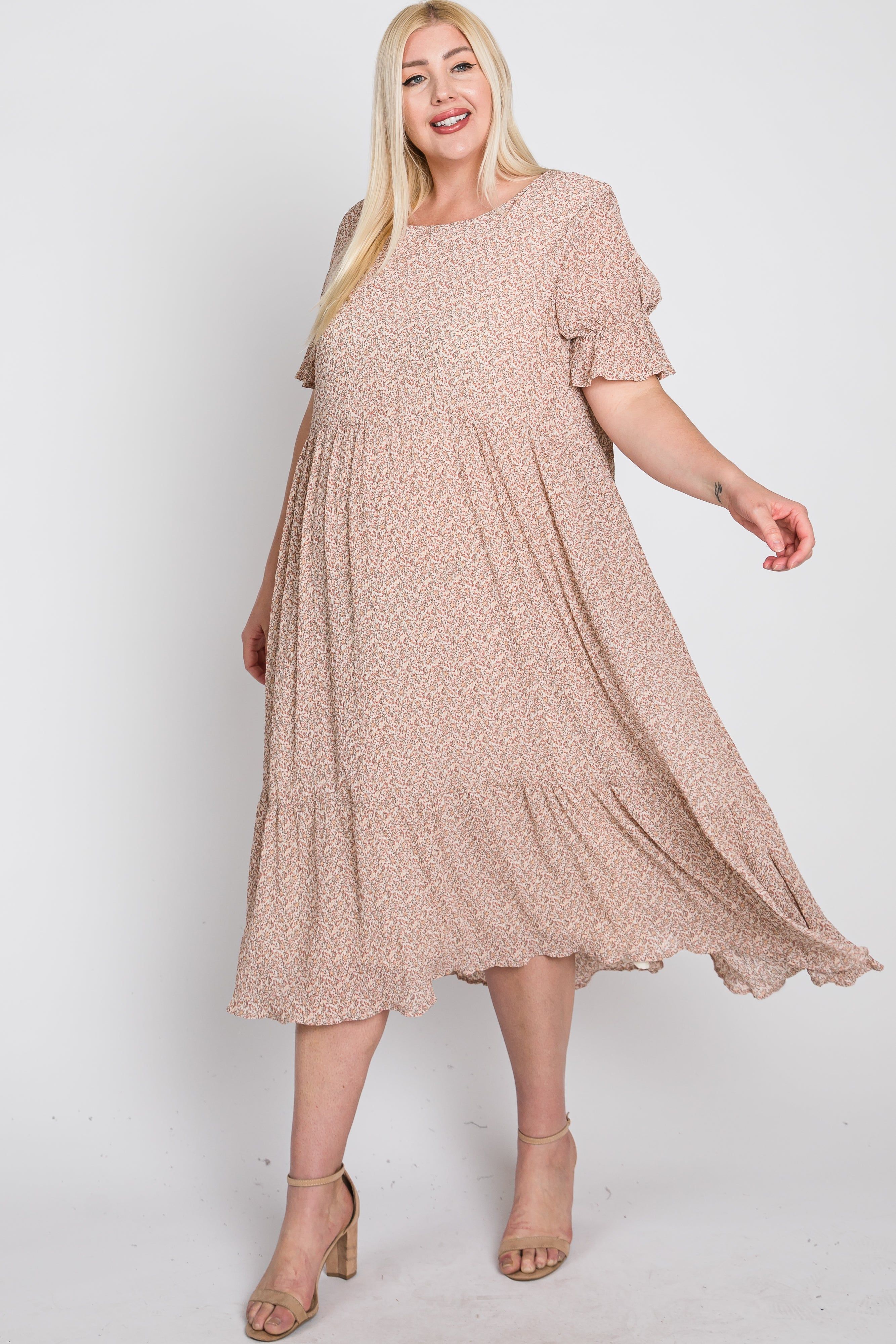 Pink Floral Pleated Chiffon Ruffle Sleeve Plus Midi Dress sold by Pinkblush product image thumbnail 4