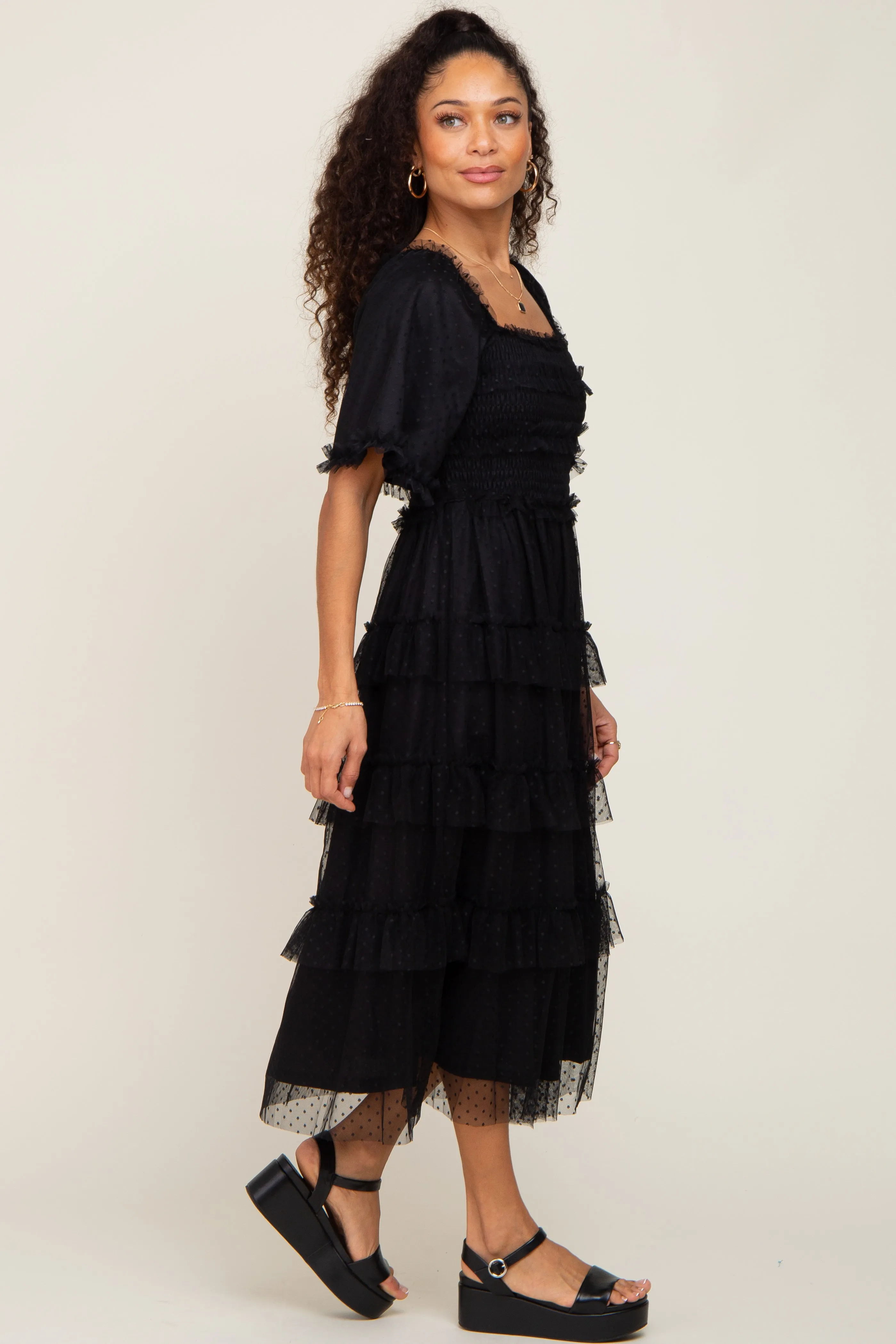 Black Dot Smocked Ruffle Tiered Midi Dress sold by Pinkblush product image thumbnail 2