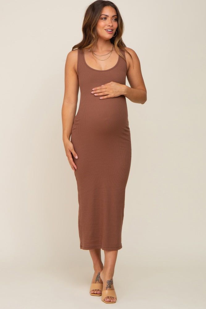 Brown Ribbed Basic Maternity Maxi Dress sold by Pinkblush product image thumbnail 2